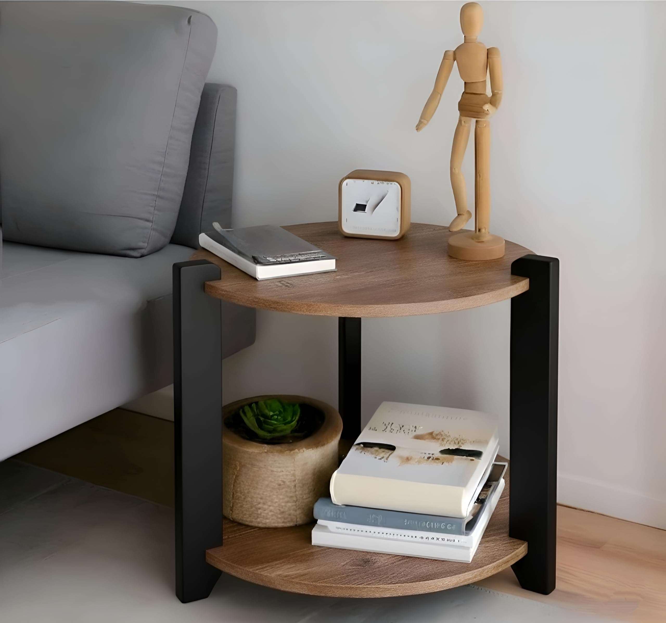 Shoper cart Round End Table with 2-Tier Storage Shelf, Room Decoration Items for Bedroom, Side Tables for Bedroom, Home Decor for Living Room, Walnut Wood Top with Black Wooden Legs, 30x36 cm