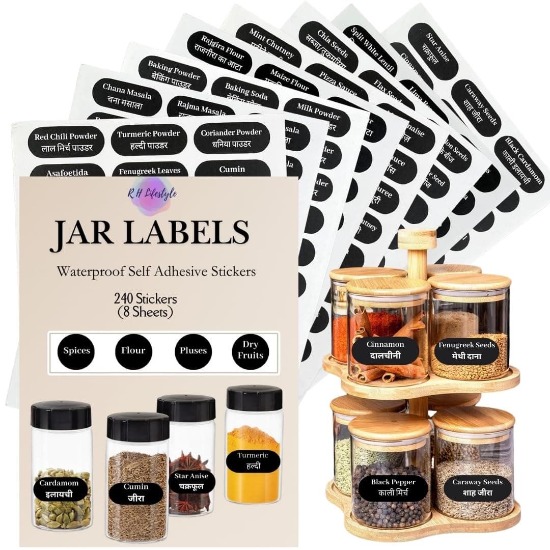 R H LIFESTYLE Kitchen Stickers Book Pre-Printed Containers Waterproof Masala Jar Label Maker 240 Stickers 8 Sheets Spices Spice Organizer for Kitchen