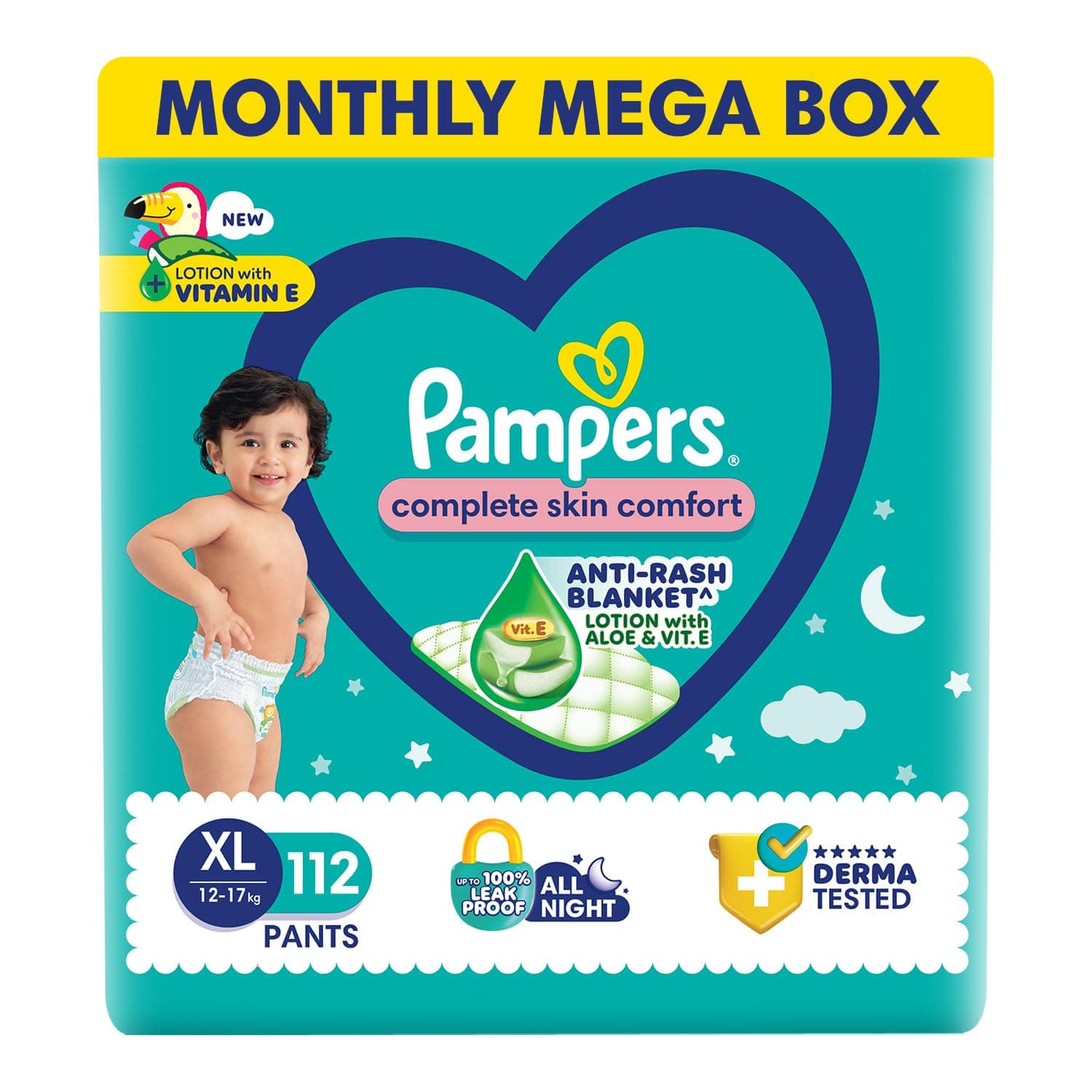Pampers Complete Skin Comfort Pants, (XL) 112 Count, Anti-rash blanket, Lotion with Vitamin E & Aloe Vera, Extra Large size baby diapers, 12-17kg