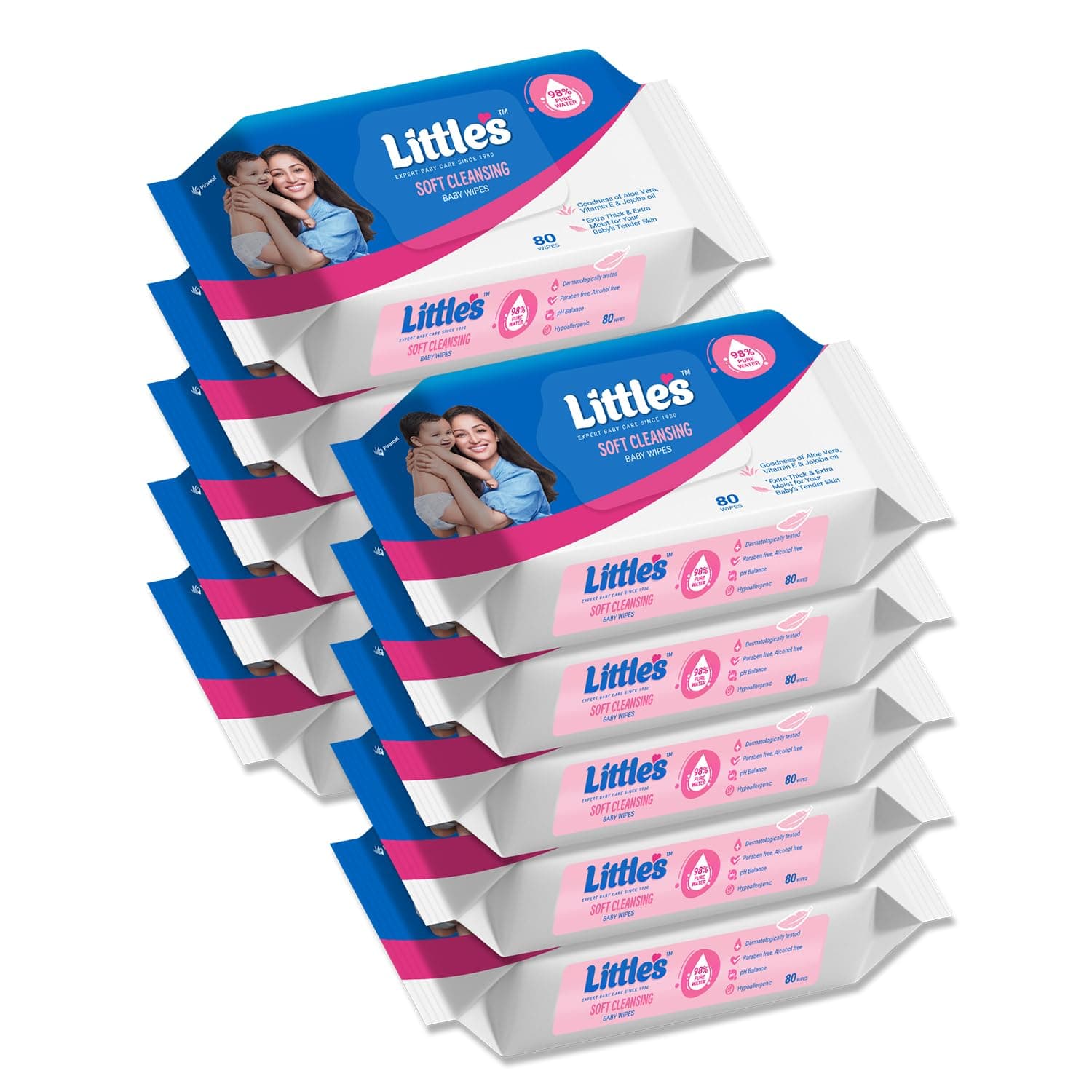 Little's Soft Cleansing Baby Wipes | 80 Wipes x 10 - 800 Wipes | Extra Thick & Moist Wet Wipes for Baby's | Prevents Rashes & Redness with Goodness of Aloe Vera, Vitamin E & Jojoba Oil