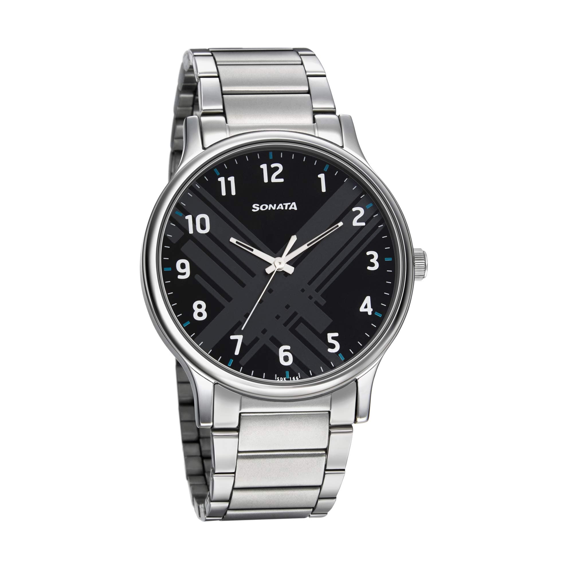 Sonata Smart Plaid Quartz Analog Black Dial Silver Stainless Steel Strap Watch for Men - NT77105SM02W