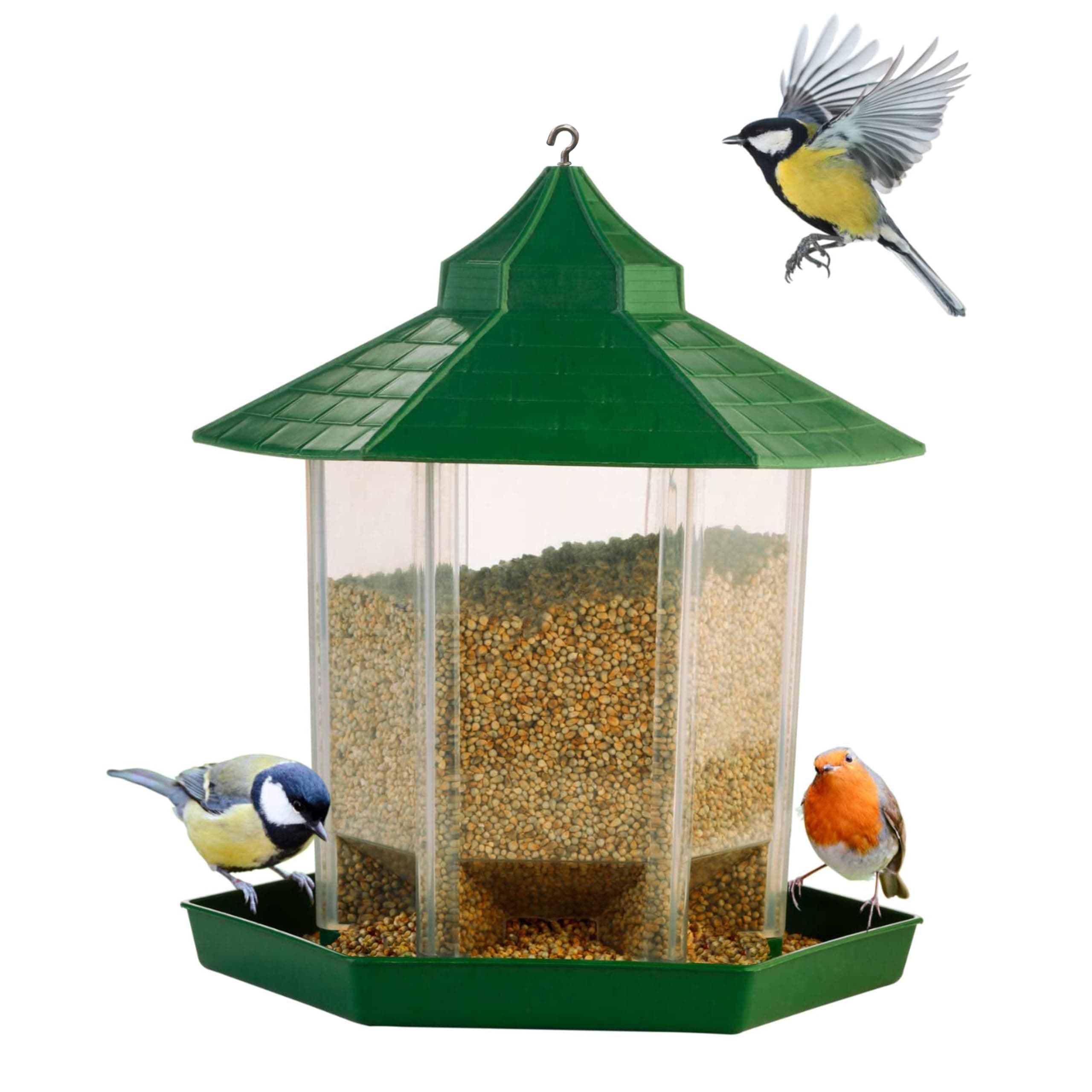GARDENS NEED Hut-Shaped Hanging Bird Feeder 21x21x22 Cm | Green | Outdoor Wild Bird Feeder with 360° Perch | Transparent Seed Container & 82cm Stainless Steel Wire for Garden, Balcony & Patio