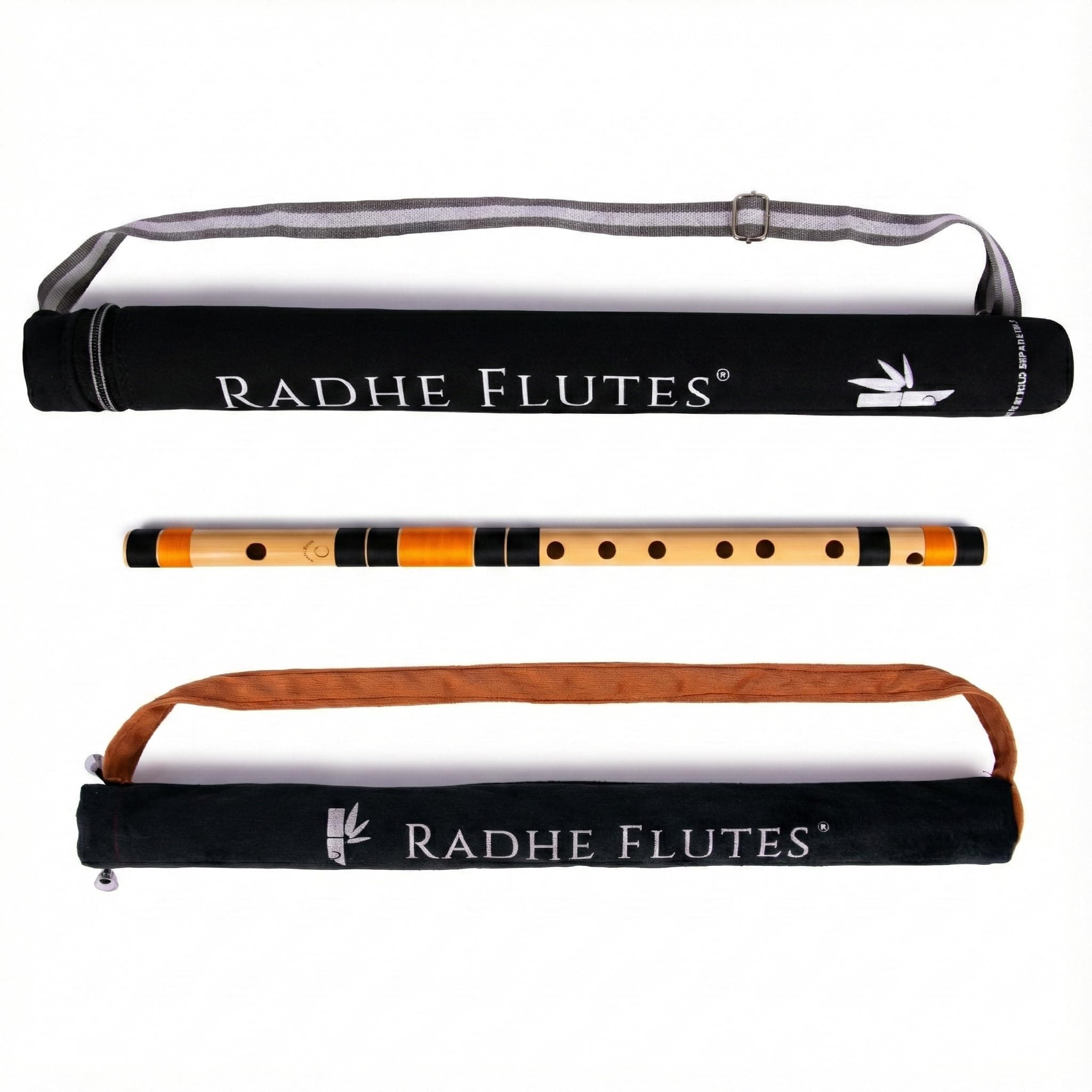 Radhe Flutes | PROFESSIONAL Bamboo Bansuri | C Natural | Right Handed | Middle Octave | With Hard Cover | Assorted Colours for Velvet Cover & Paper Tube | Black & Orange | Hand Crafted by Tej Sharma