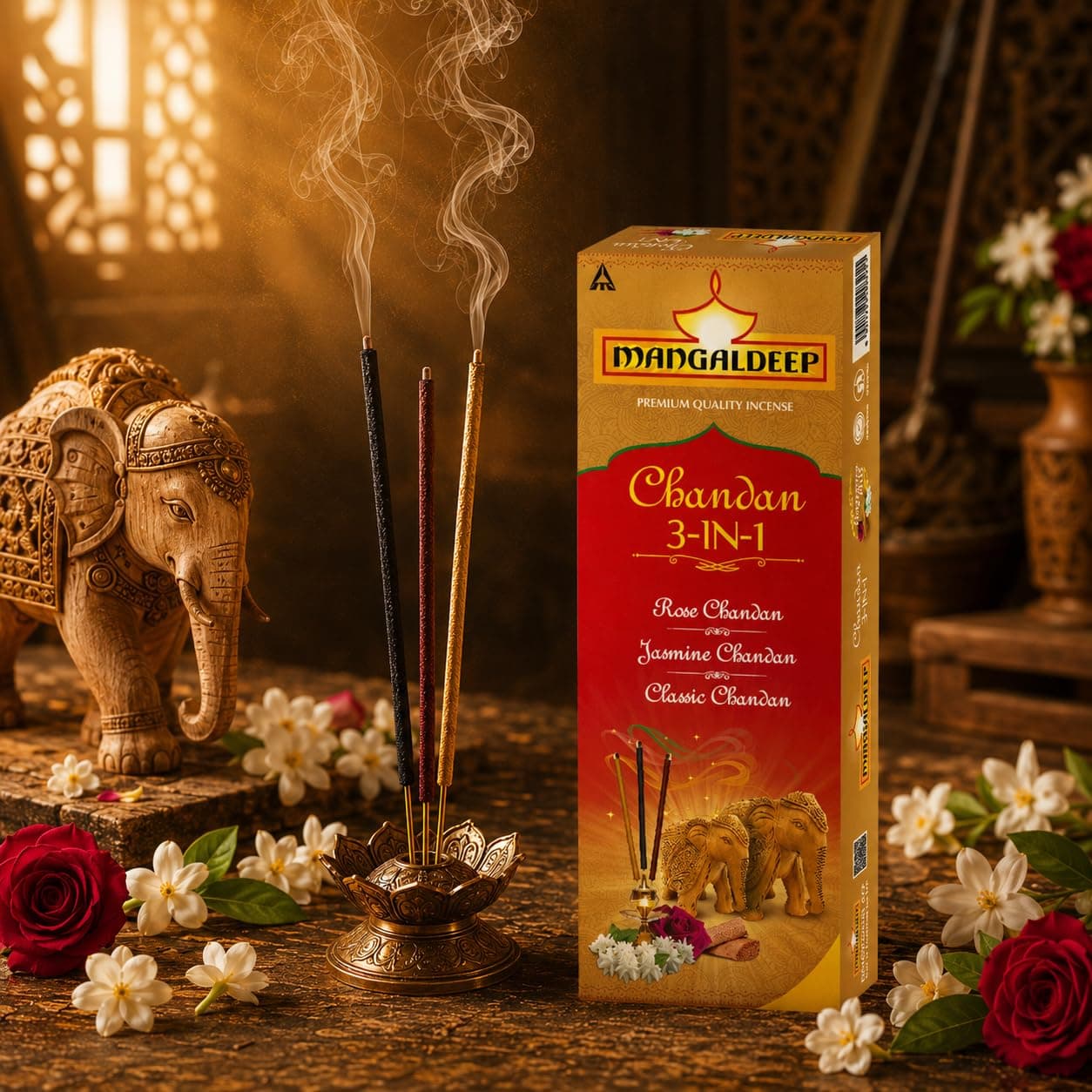 Mangaldeep 3in1 Agarbatti - Soothing Fragrances of Classic Chandan, Rose & Jasmine (226g)