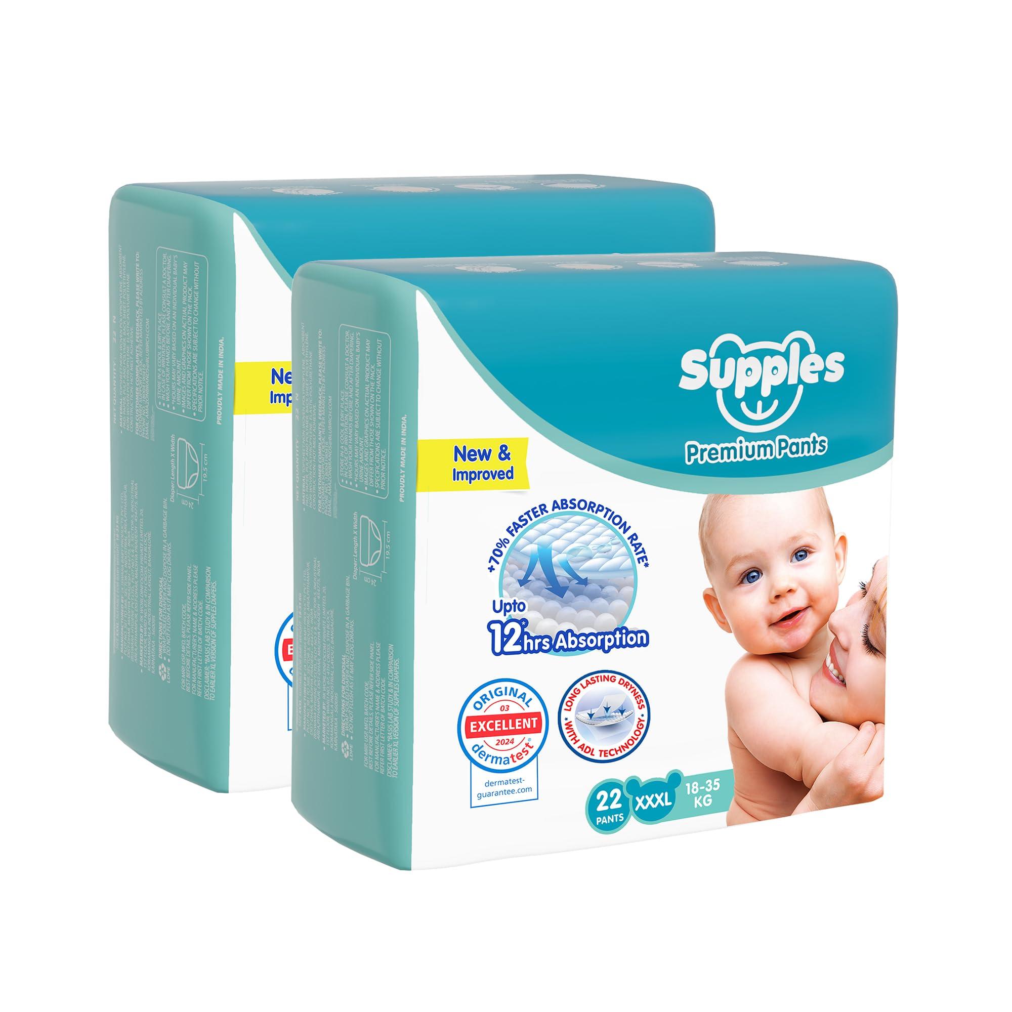 Amazon Brand - Supples Premium Baby Diaper Pants | 44 Baby Diapers | XXXL | 18-35 Kg | 12 Hrs Absorption | Cushiony Cotton Soft Fabric | Phthalates-Free | Triple Leak Guard | 22 Count, Pack of 2