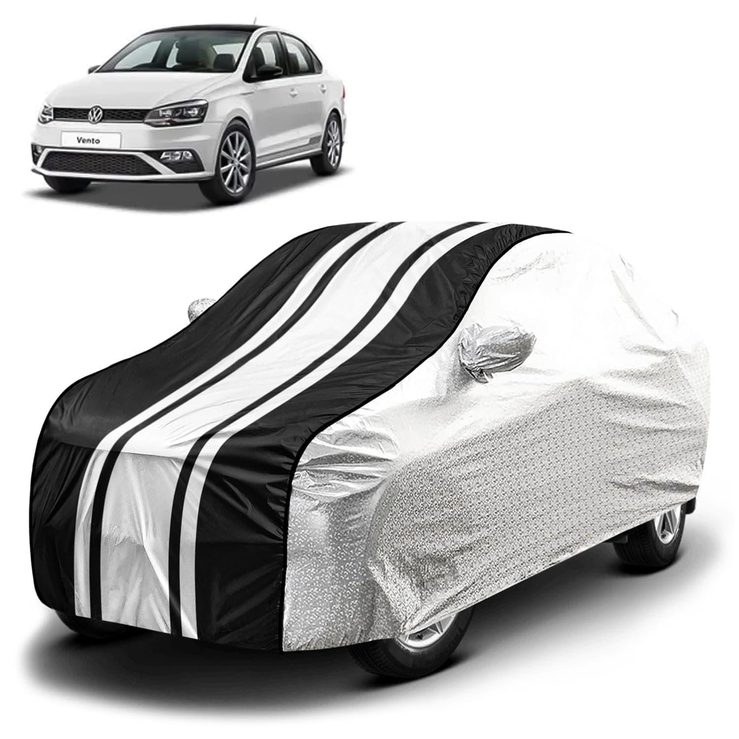 Fabtec Waterproof Car Body Cover for Volkswagen Vento with Mirror Pocket and Soft Cotton Lining, Bottom Elastic, Triple Stitched (Metallic Silver with Black Stripes) (No Antenna Pocket)