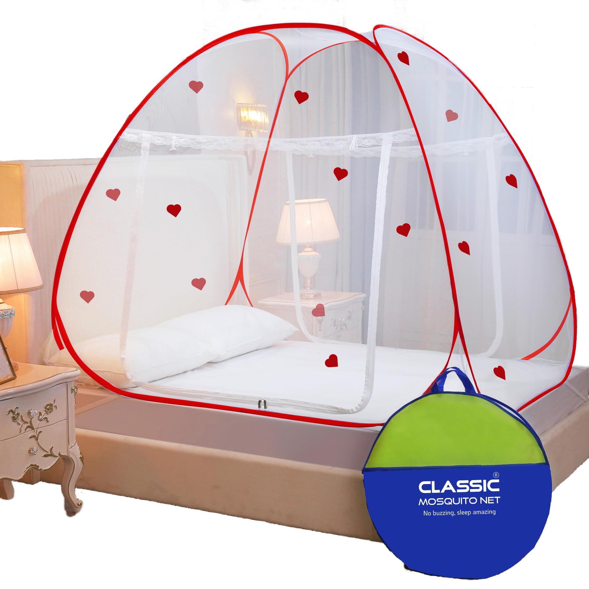 Classic Mosquito Net for King Size Bed Heart Design | 30 GSM Polyester Fine Mesh | Foldable Pop Up Machardani for Double Bed | 360° Mosquito & Insect Protection | Washable & Reusable | Red