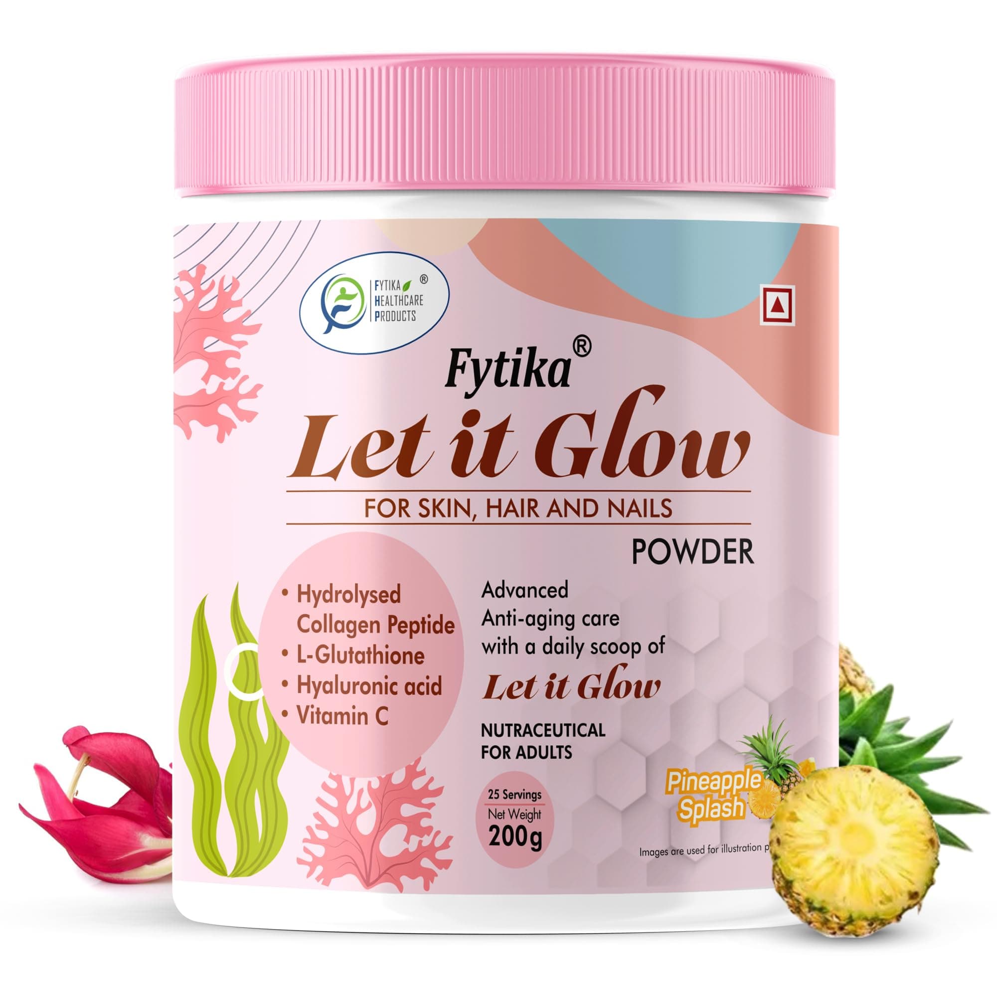 Fytika Let It Glow - 200g (Pineapple, Pack of 1) Marine Collagen Supplement Powder for Men & Women|L- Glutathione, Vitamin C, Sesbania Agati Extract|Promotes Healthy Skin, Hairs and Nails