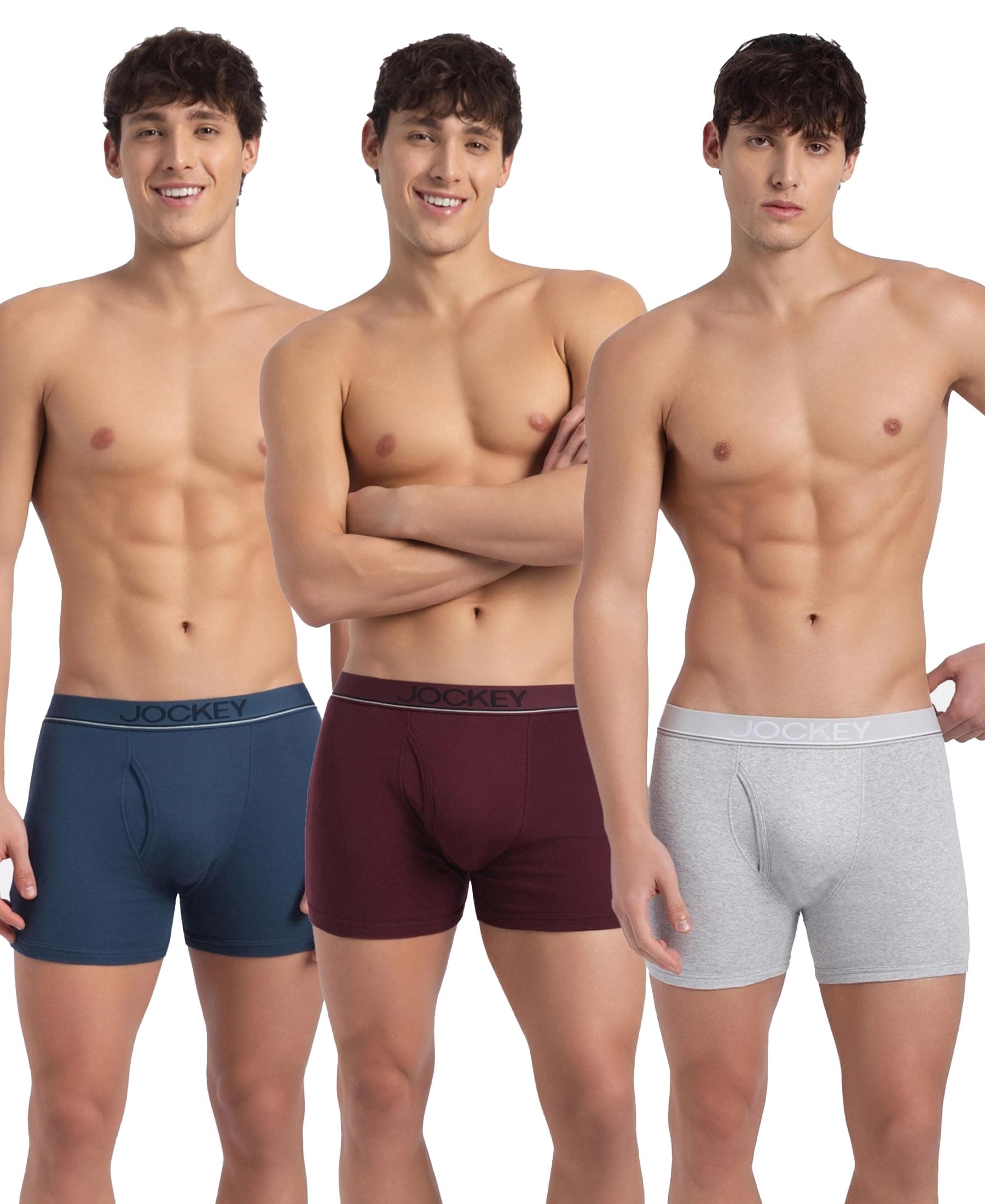 Jockey 8009 Men Super Combed Cotton Rib Solid Boxer Brief with Ultrasoft and Durable Waistband_(Pack of 3)_Grey Melange, Port Royale & Dark Denim_XXL