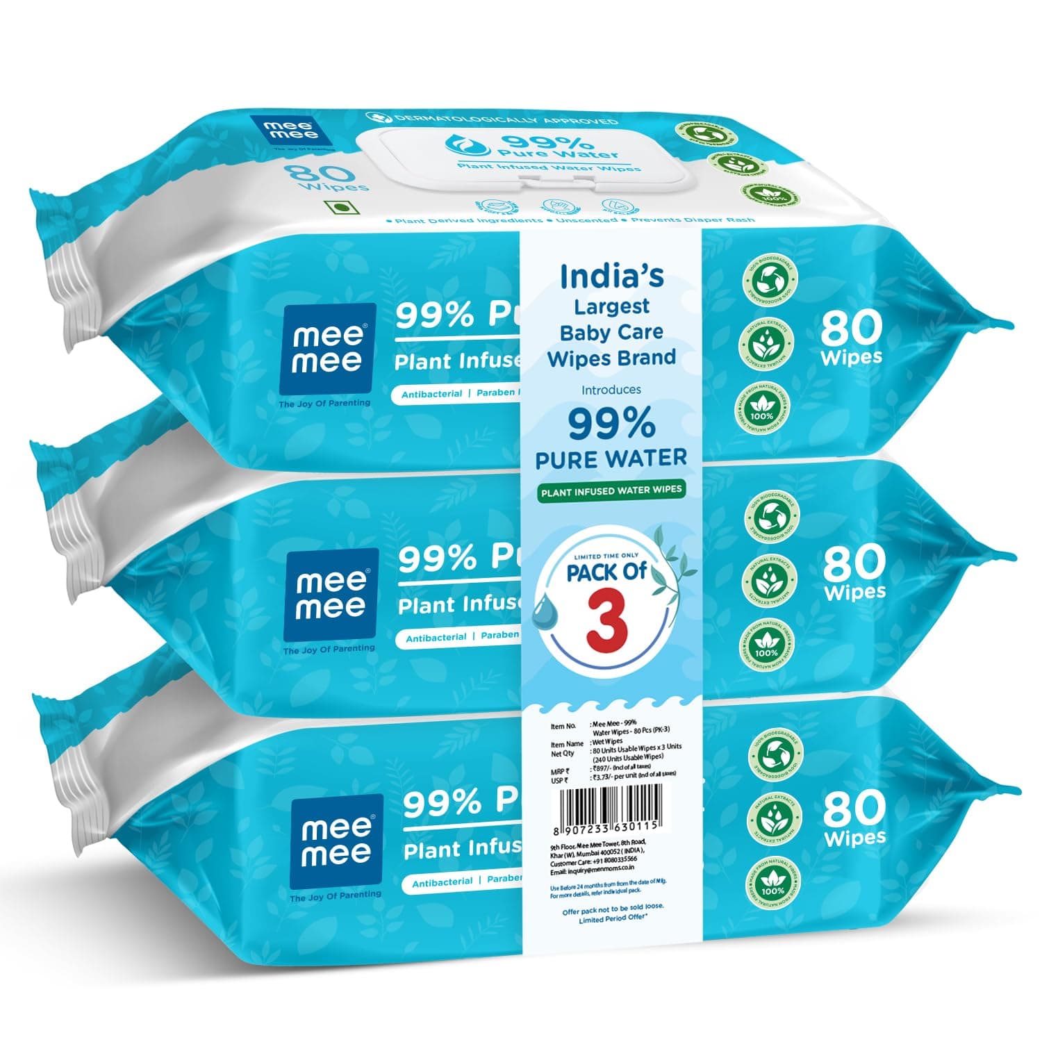 Mee Mee Pure Water Wet Wipes with Lid (240 pcs) – Wet wipes combo | Unscented, Plant Derived | Super Thick wipes | Exrtra Gentle -Pack of 3 | Pack With Lid