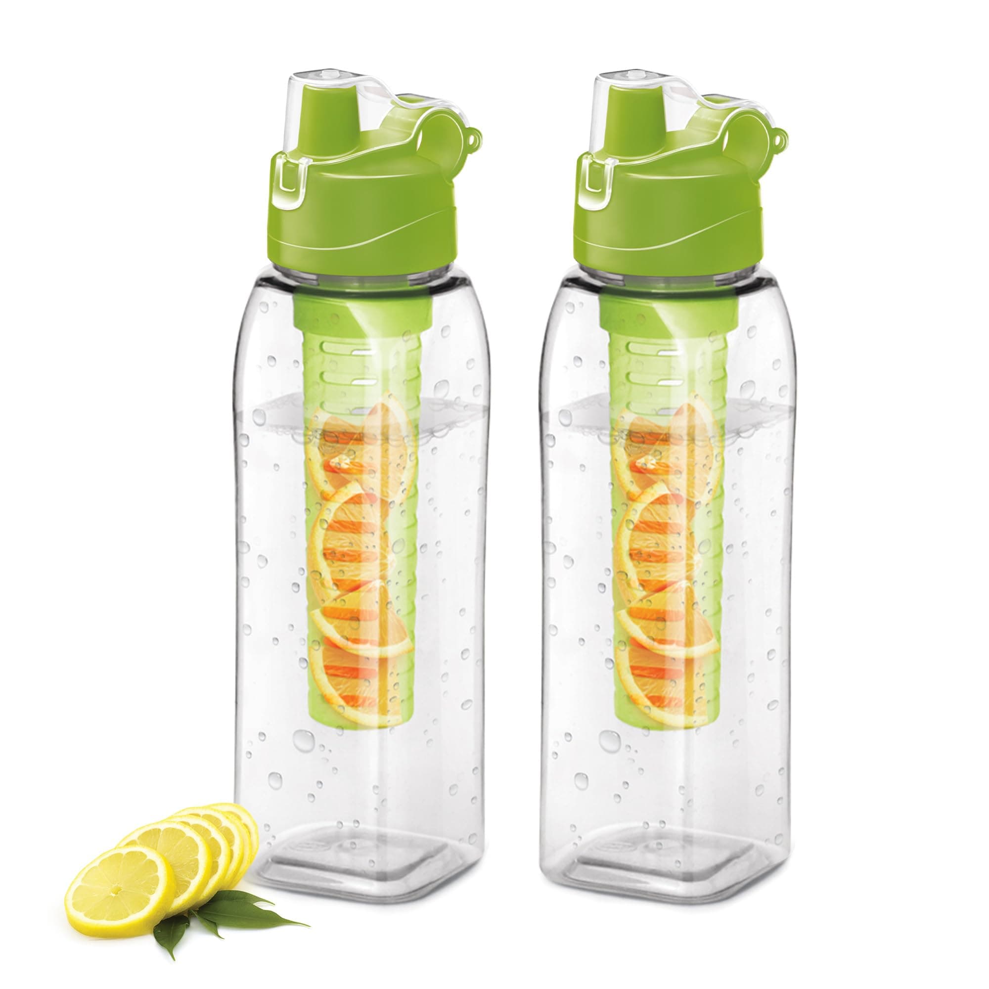 MILTON Infuser Plastic Water Bottle, 1 Litre Each, Set of 2, Green, Food Grade, Reusable, BPA Free, Recyclable, Leak Proof, Detox, Fruit Infuser
