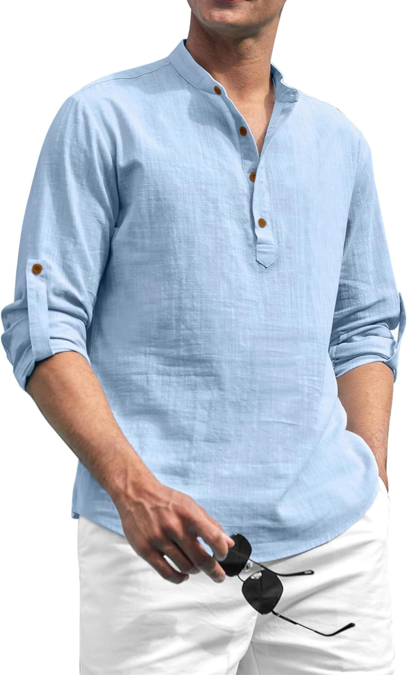 Zombom Cotton Polyester Blend Solid Casual Regular Fit Mandarin/Chinese Collor Short Kurta for Men Sky Blue