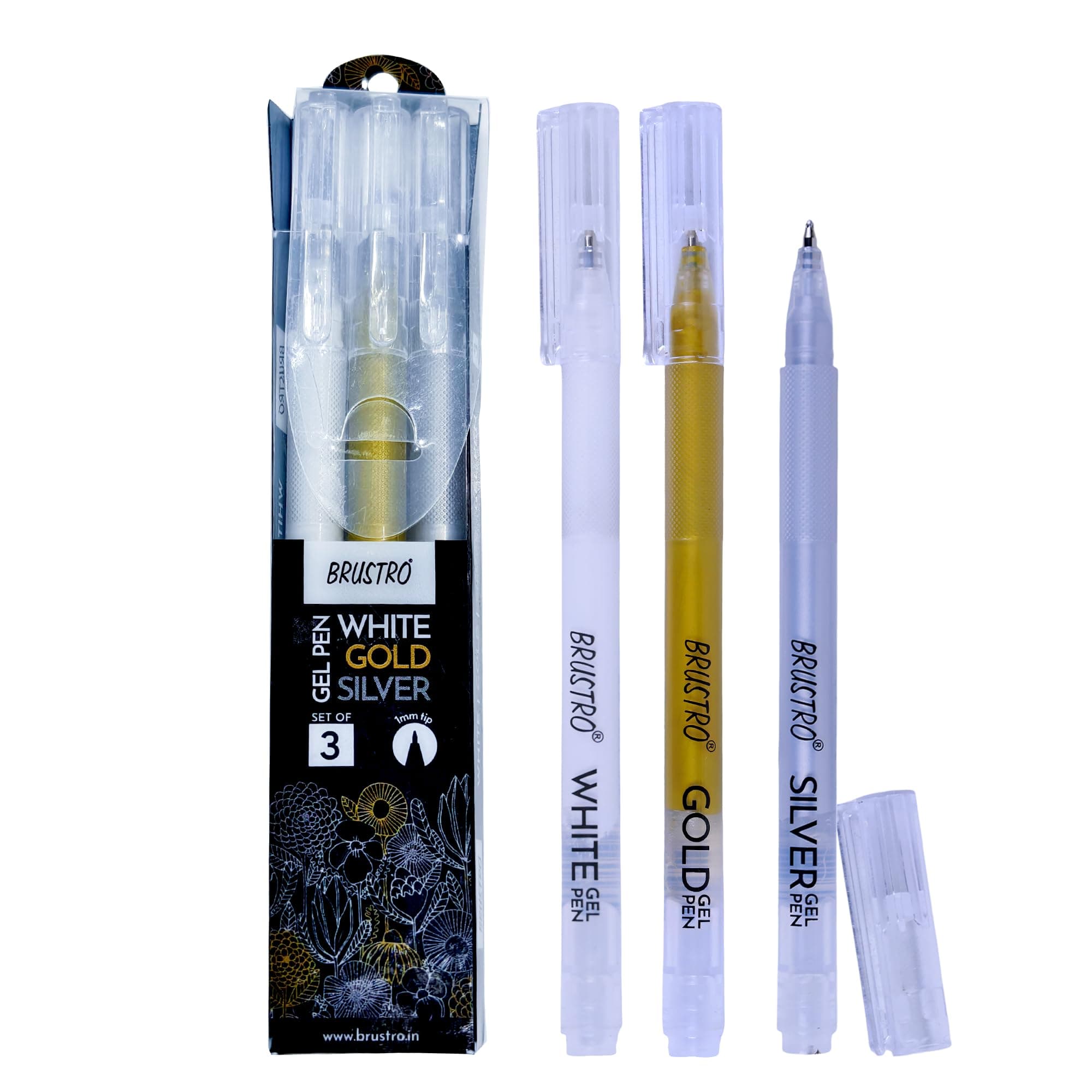 BRUSTRO Assorted Gel Pen (White, Gold and Silver)|1mm Metal Tip - Set of 3,Opaque and Viscous Ink|Ideal For Drawing,Writing,Highlighting,Doodling,Scrapbooking,Mandala Art,Illustration