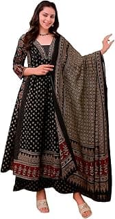 KLOSIA Women's Rayon Printed Anarkali Kurta and Pant with Dupatta Set