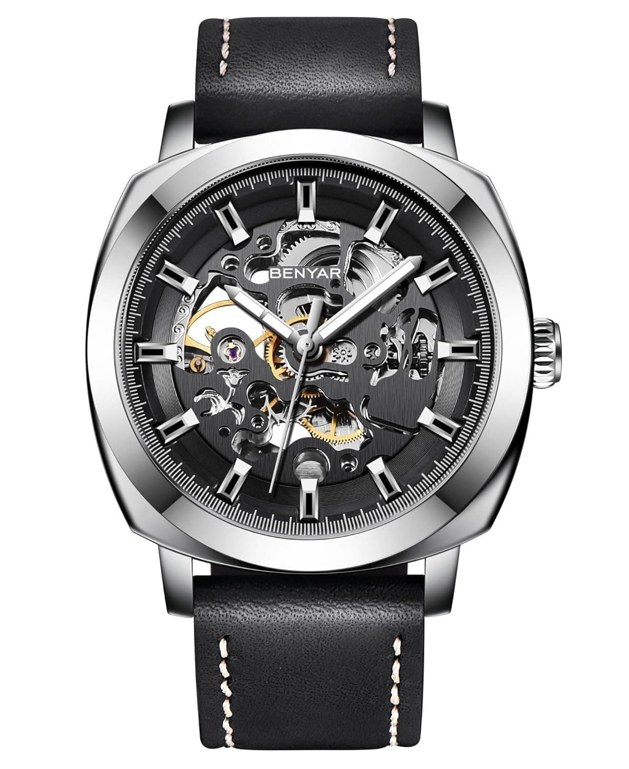 BENYAR Automatic Mechanical Skeleton Leather Strap Men's Watch (Silver-Black-1)