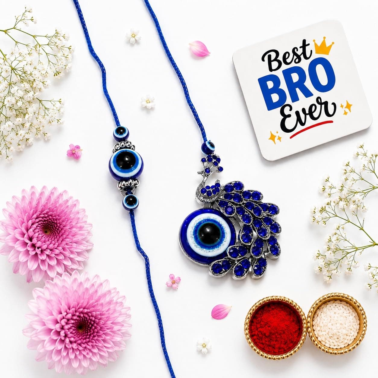 eCraftIndia Designer Evil Eye Bhaiya Bhabhi Rakhi with Best Bro Ever Fridge Magnet, Blue Peacock Rakhi Set for Brother & Bhabhi, Raksha Bandhan Gift with Roli Chawal