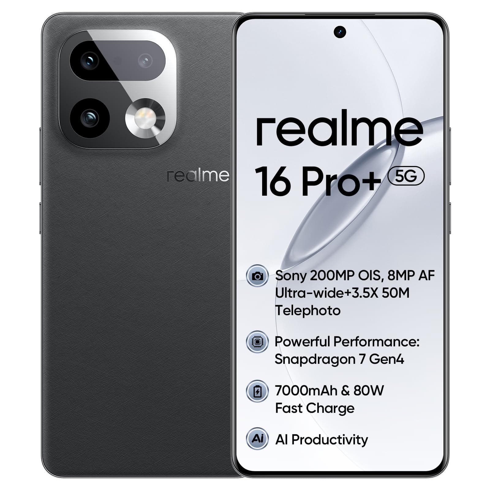 realme 16 Pro+ 5G, Smartphone 12+256GB, Qualcomm Snapdragon 7 Gen 4, 200MP OIS, Curved Display 6.8“ 144Hz, Battery 7000mAh, IP69, Master Grey