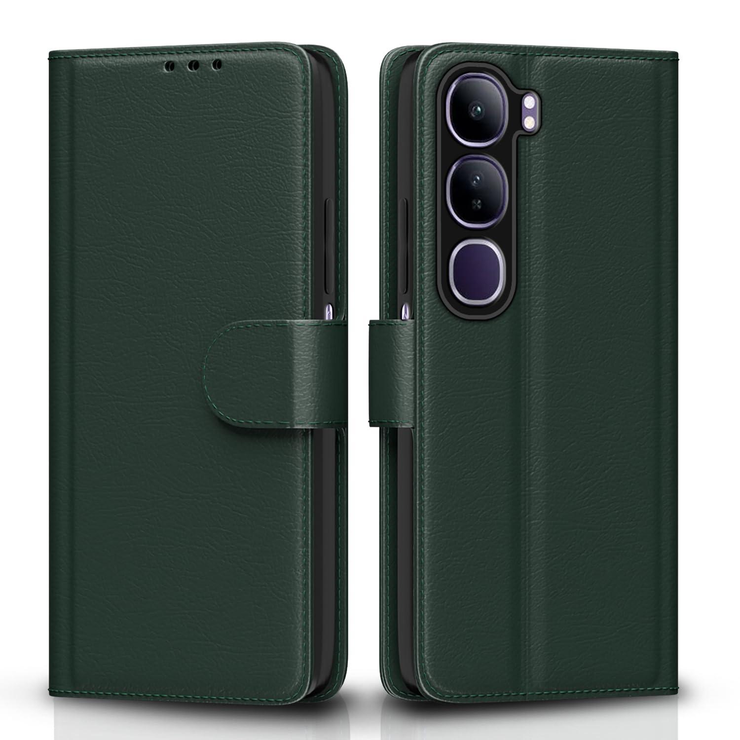 Pikkme Flip Cover Leather Finish | Inside TPU with Card Pockets | Wallet Stand and Shock Proof | Complete Protection Flip Case for Vivo Y300 5G(Green)
