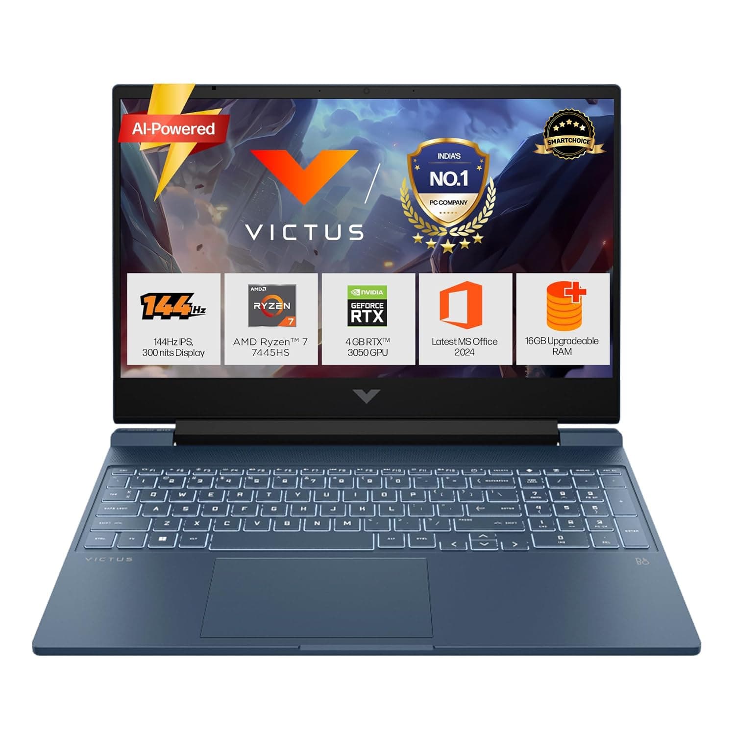 HP Smartchoice Victus, AMD Ryzen 7 7445HS, 6GB RTX 3050, 16GB DDR5(Upgradeable) 512GB SSD, 144Hz, 300 nits, 15.6''/39.6cm, Win 11, Office 24, Blue, 2.29kg, fb3134/20ax, Xbox Gamepass*, Gaming Laptop