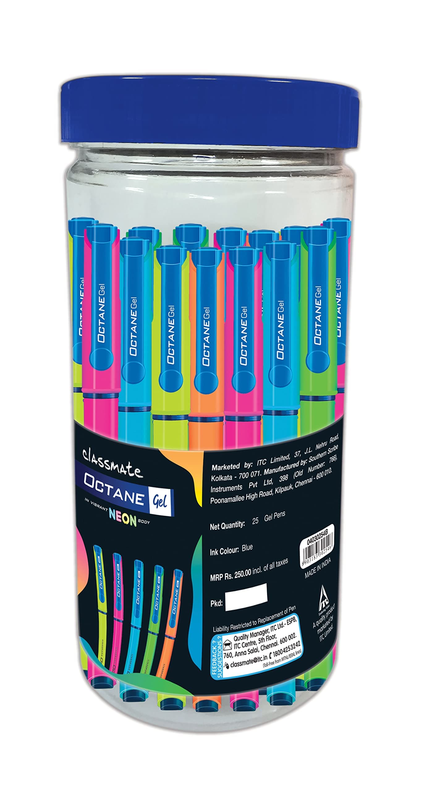 Classmate Octane Neon Gel 25s Jar- 25 Blue Gel Pens| Smooth Writing Pens| Water-proof Ink For Smudge-free Writing| Preferred By Students For Exam & Class Notes| Study At Home Essentials