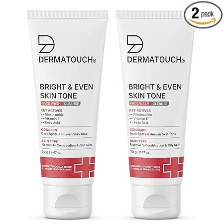 DERMATOUCH Bright & Even Tone Face Wash with Niacinamide, Vitamin E and Kojic Acid | For Tan, Pigmentation Dark Spots & Uneven Skin Tone | Oil Control | Dermatologist Tested | For Men & Women | 70g (Pack od 2)