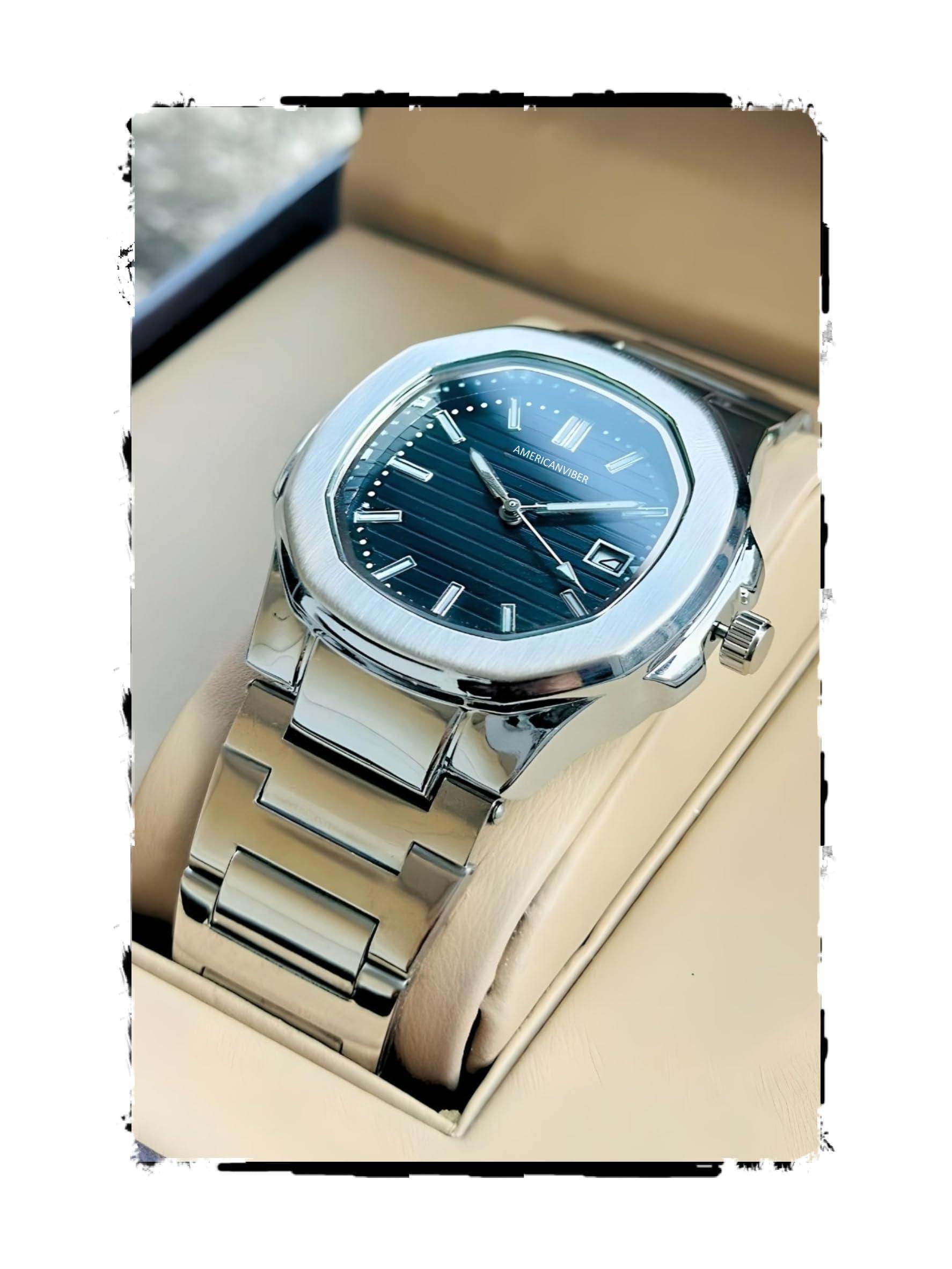 AMERICANVIBER Glossy Stainless Steel Analogue Watch for Men | Black Dial, Date Function & Adjustable Lock | Premium Watches Under 499