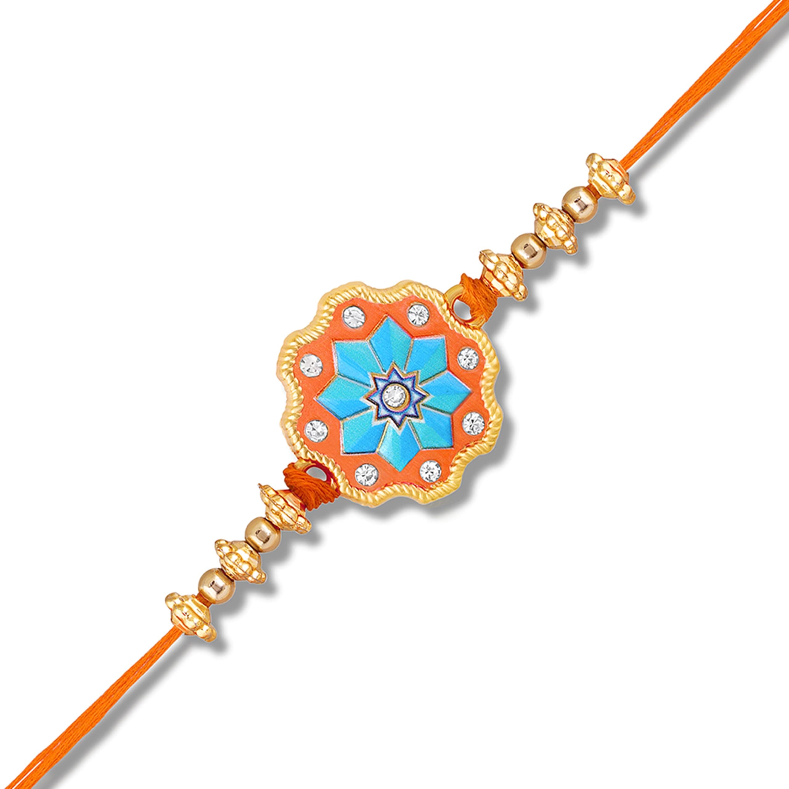 Mahi Elegant Meenakari Floral Rakhi for Brother with Studded Crystals and Orange Thread (RA1100861G)