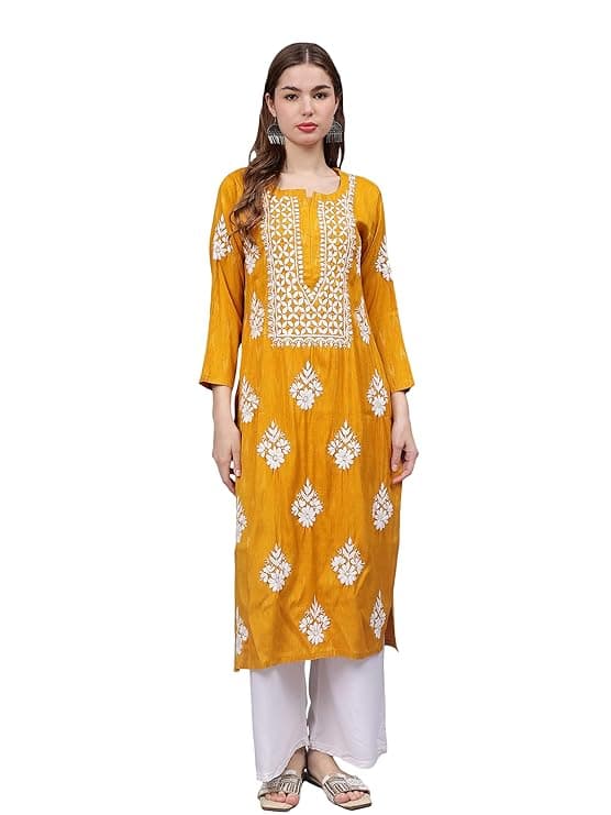 Seva Chikan Hand Embroidered Lucknowi Chikankari Rayon Straight Kurta for Women SCL4589