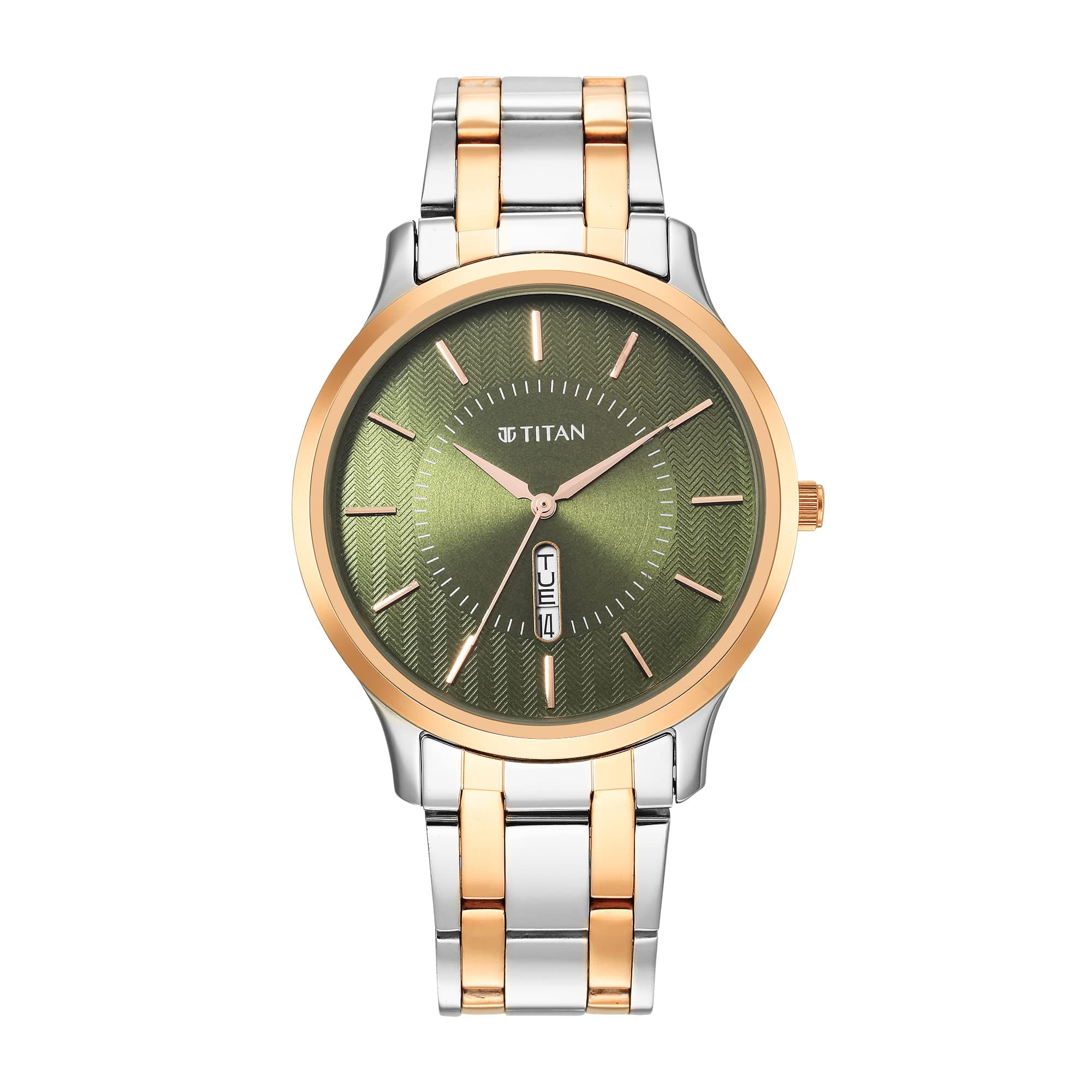 Titan Karishma Quartz Analog with Day & Date Green Dial Two Toned Silver and Rose Gold Stainless Steel Strap Watch for Men - NT1825KM03