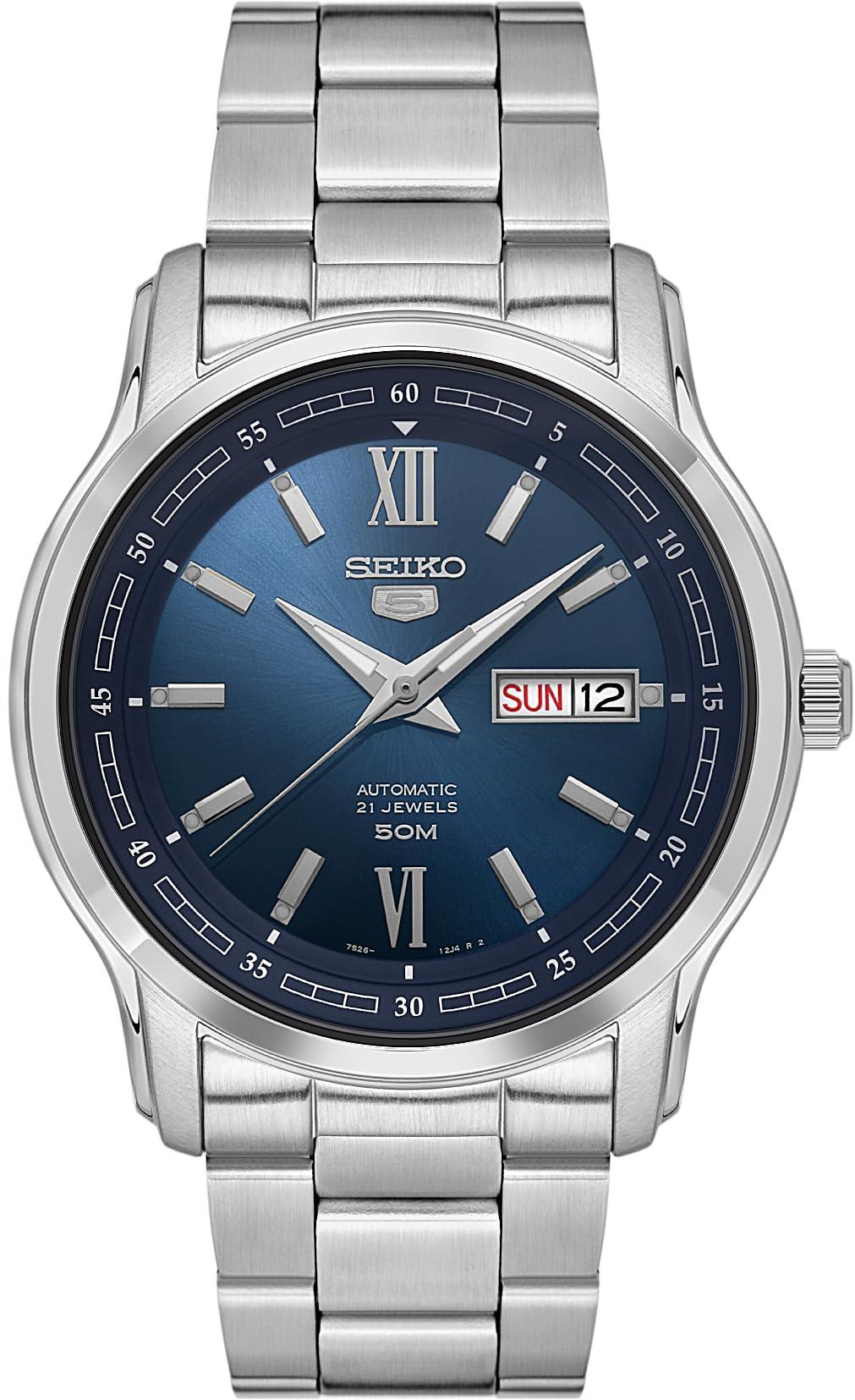 Seiko 5 Automatic Analog Blue Dial Stainless Steel Watch for Men | Day & Date Display | Hardlex Crystal | Silver Stainless Steel Strap | Water Resistant | SNKP17K1