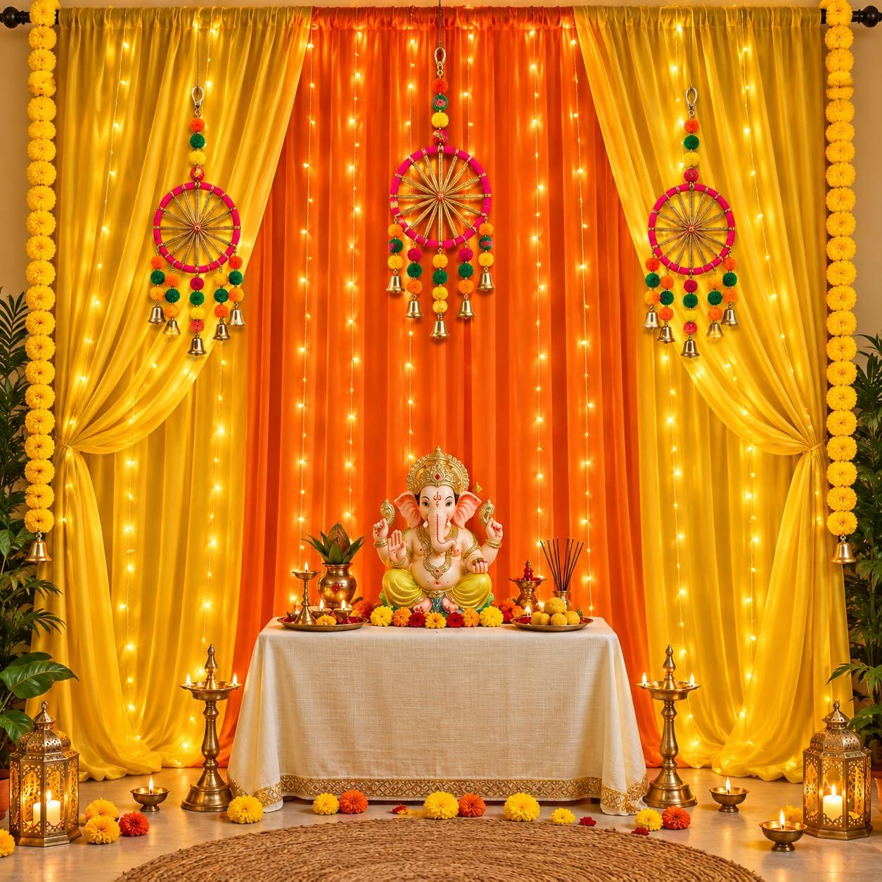Shimmers Ganpati Decoration Kit (10 Pieces) – Orange & Yellow Curtain Backdrop | Dream Catcher Hanging & Hooks for Festival Navratri,Haldi, Pooja Home Decoration