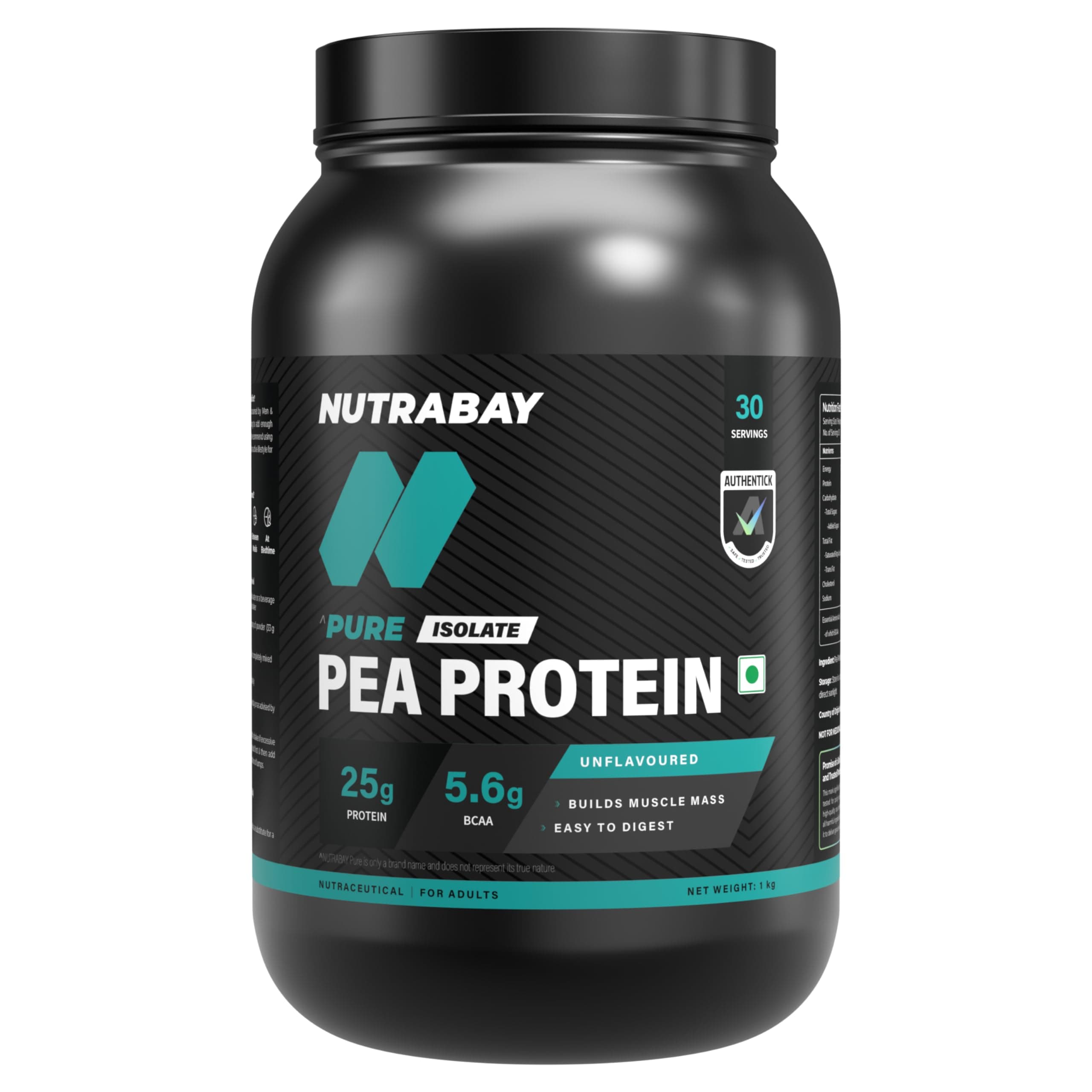 Nutrabay Pure Pea Protein Isolate - 25.3g Protein, 5g BCAA, Designed for Meal Supplementation, Easy to Digest Plant Protein for Muscle Growth & Recovery - 1 Kg Unflavoured, 30 Servings