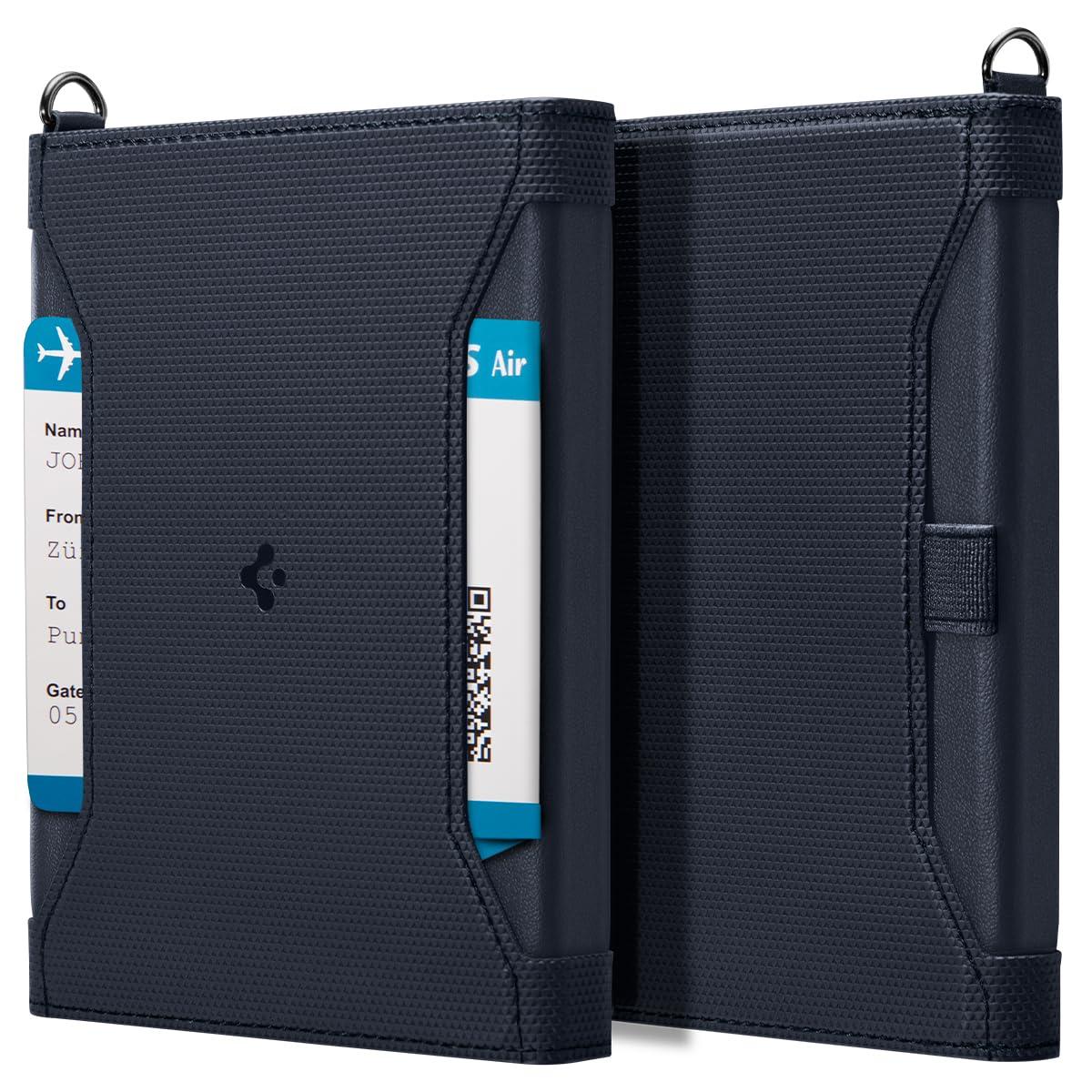 Spigen Leather RFID Blocking Passport Holder Travel Wallet - Navy Blue