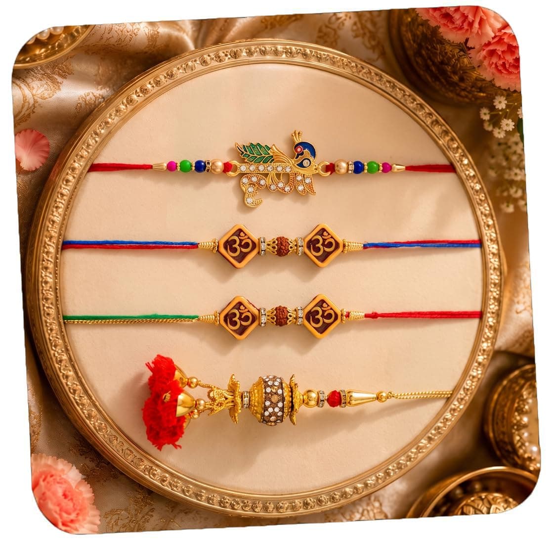 Collectible India Rakhi Set For Brother and Bhabhi Kids With Rakshabandhan Gift Card Beautiful Pooja Set/Lumba Rakhi For Bhabhi/Om Rakhis/Designer Pearls Rakhis/Rakshabandhan Gifts (RAKHI113)