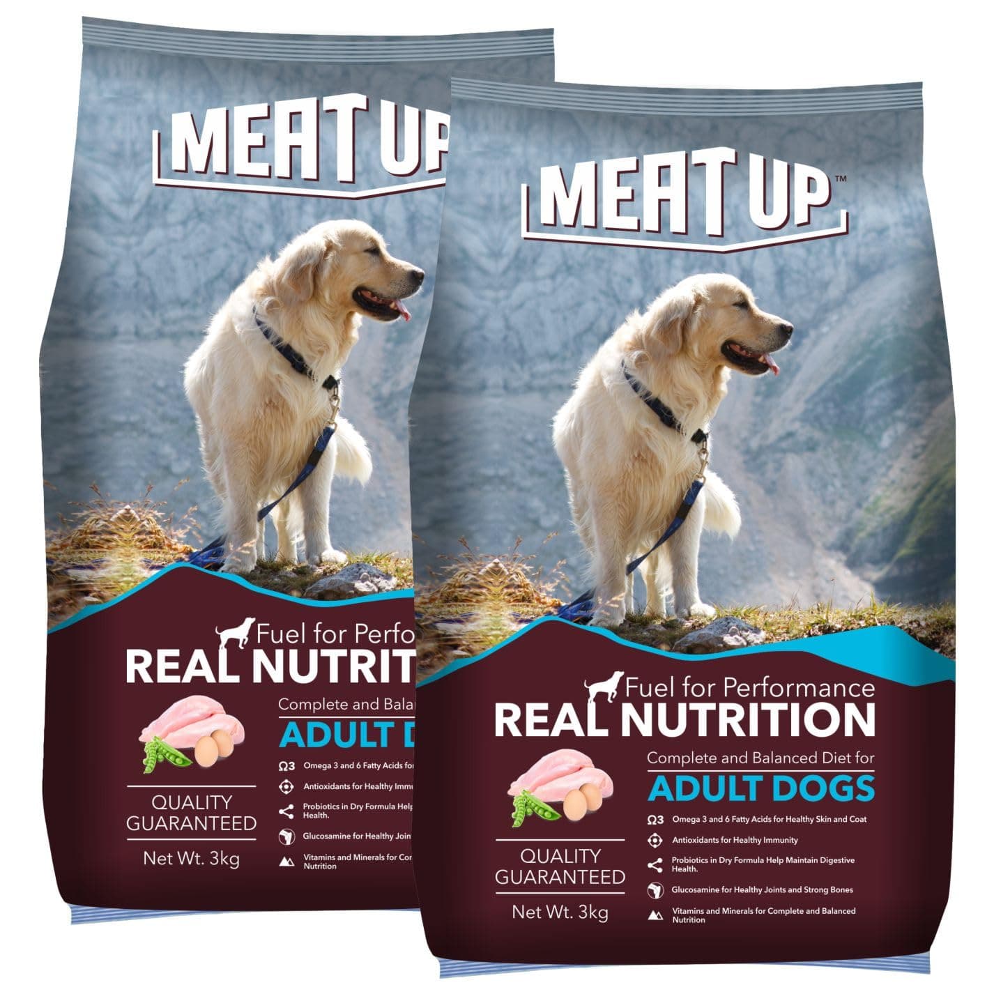 Meat Up Adult Dry Dog Food 6kg (3kg + 3kg) | Chicken Flavour | Glucosamine for Healthy Joints & Bones | Enriched with Vitamins & Minerals | Supports Digestive Health