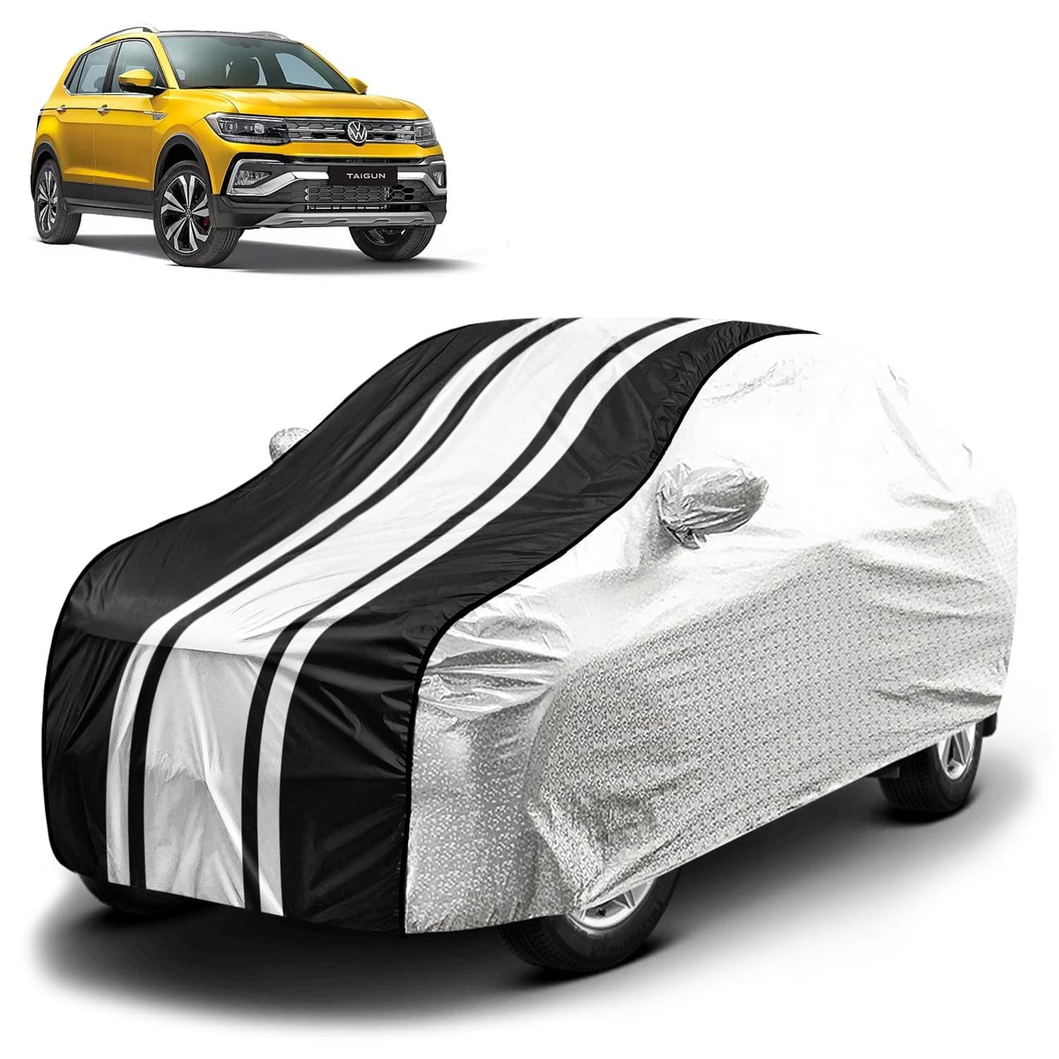 Fabtec Waterproof Car Body Cover for Volkswagen Taigun with Mirror Pocket and Soft Cotton Lining, Bottom Elastic, Triple Stitched (Metallic Silver with Black Stripes) (No Antenna Pocket)
