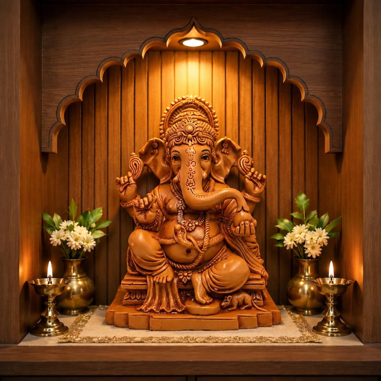 KariGhar Ganesh ji Ganpati Bappa Resin Idol Ganesha Murti for Home Decor Puja Lord Ganesh Statue Housewarming Gift for Office Desk Puja Room Brown Figurine (7 x 10 x 14 cm)