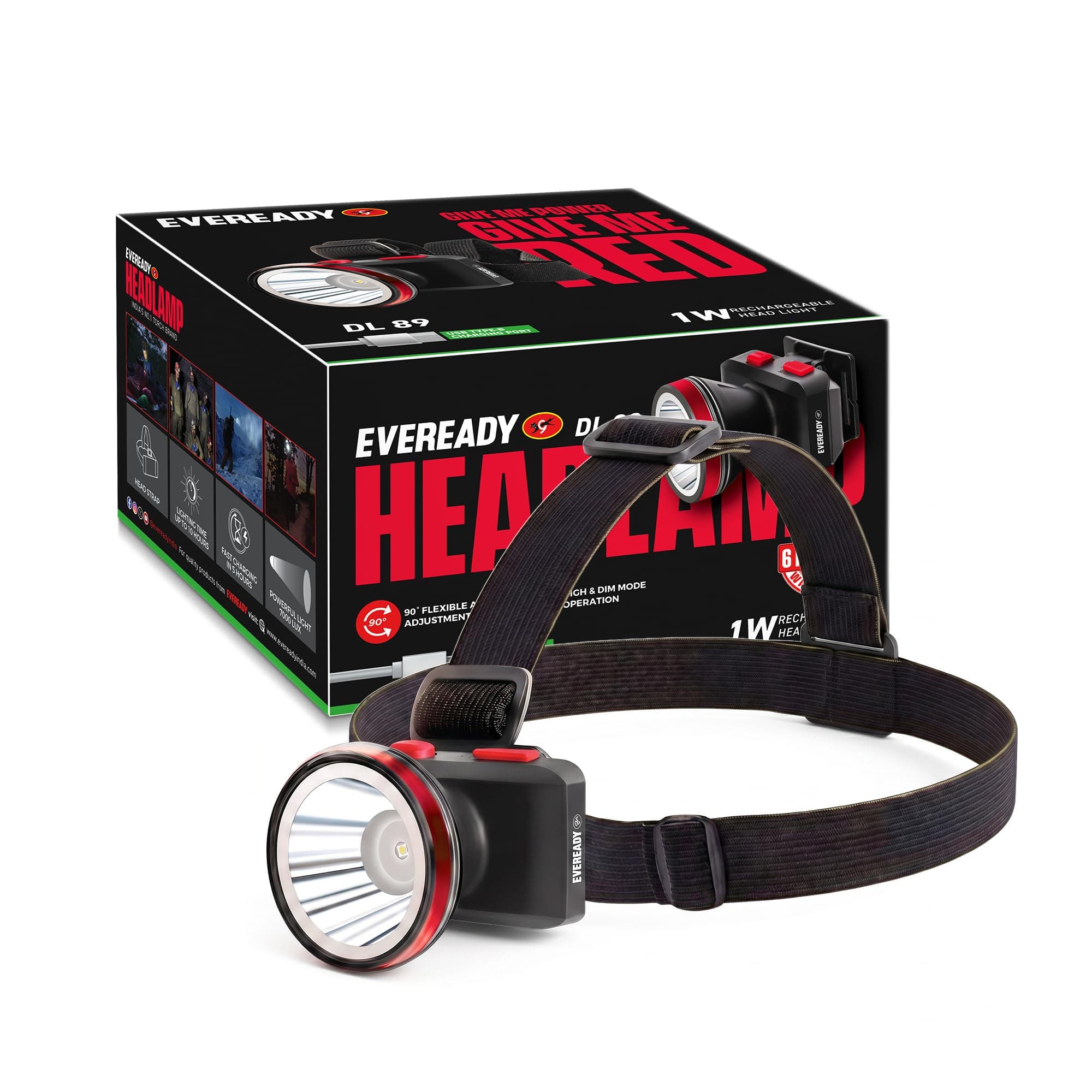 EVEREADY DL89 Rechargeable LED Headlamp, USB Type-C, 90° Tilt