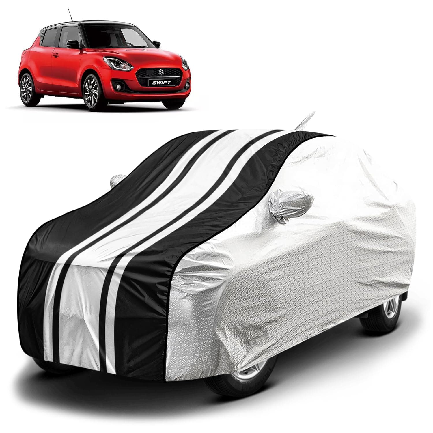 Fabtec Waterproof Car Body Cover for Maruti Swift (2018-2023) with Mirror and Antenna Pocket, Soft Cotton Lining, Bottom Elastic, Triple Stitched (Metallic Silver with Black Stripes)
