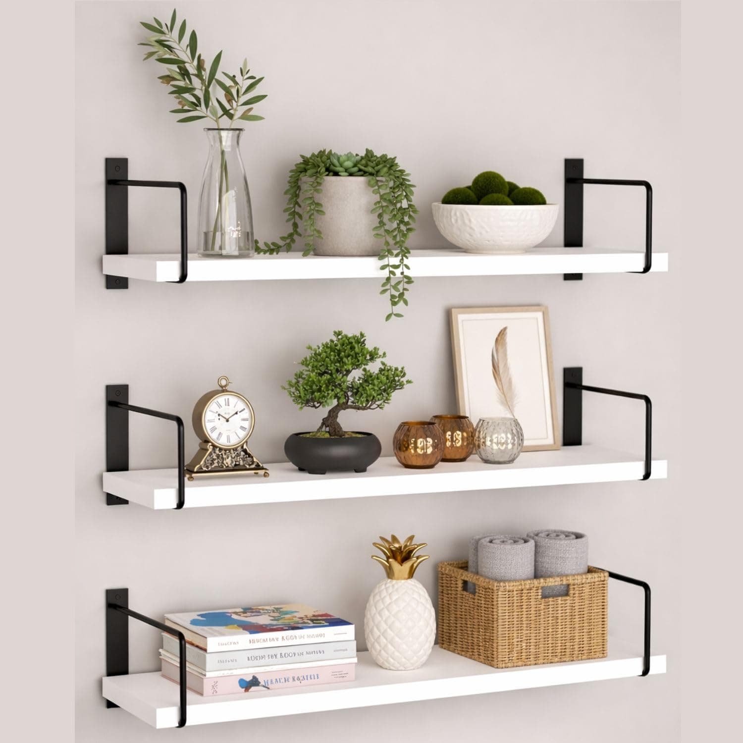 NEST NATURE HAVEN Decorative Wooden Set of 3 Wall Shelf for Living Room & Bedroom Floating Mounted Bookshelf Wooden Wall Mounted | Decorative Storage Wall Shelf Rack (White 20X6X2)