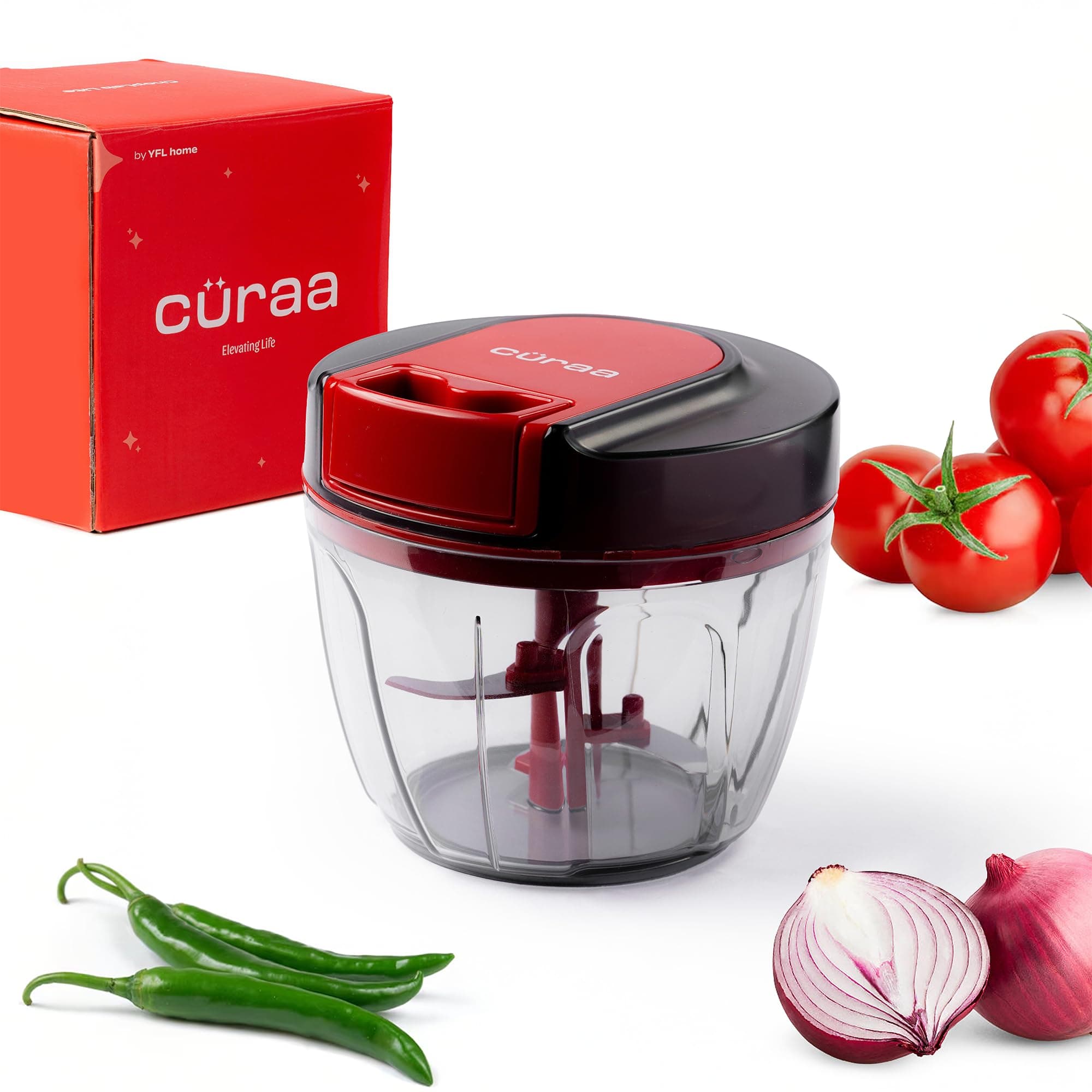 CÜRAA ChopLab Lite Manual Vegetable Chopper for Kitchen Use | By Chef Sanjyot Keer | Mini Chopper for Kitchen with Stainless Steel Blades – 650ml (Red)