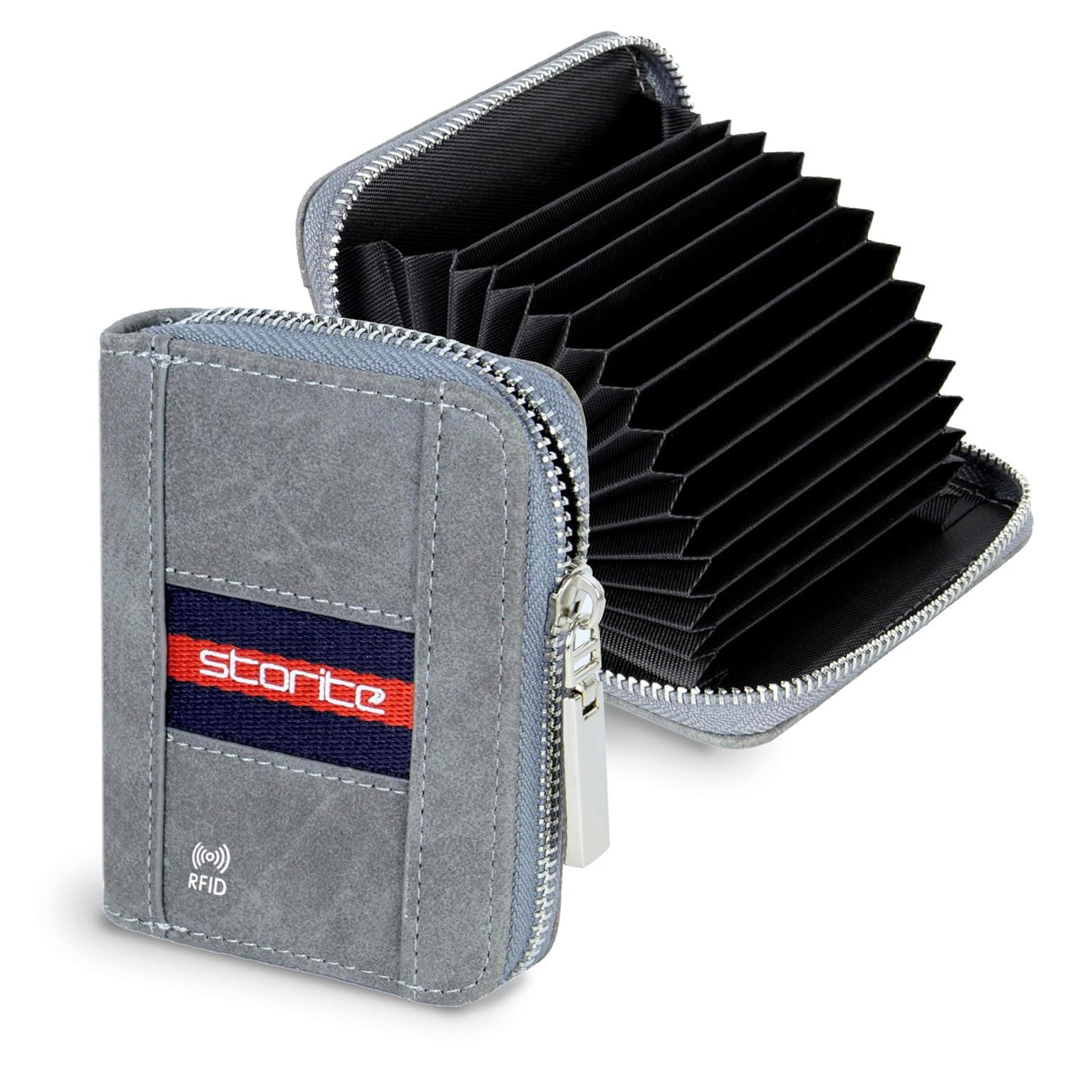 Storite PU Leather 12 Slots RFID Card Holder Wallet, Grey - Tricolor Strip