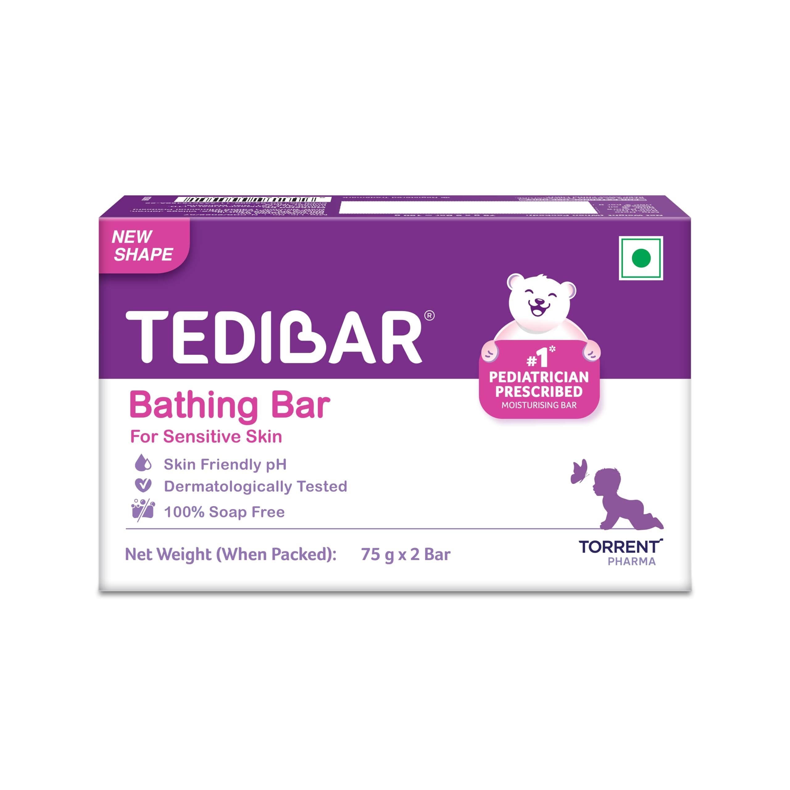 Tedibar Baby Bathing Bar | For Baby’s Sensitive Skin | Gentle Cleansing, Skin-friendly, pH 5.5, 75gm, Pack of 2