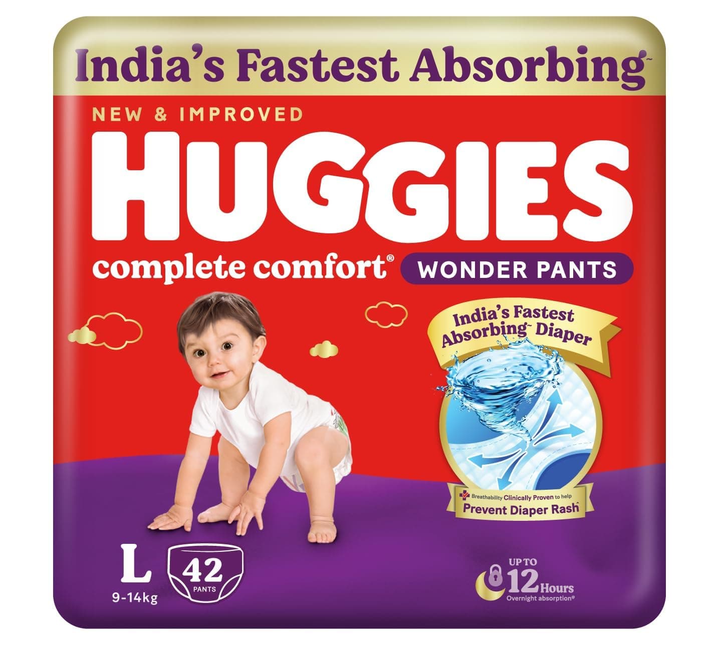 Huggies Complete Comfort Wonder Pants | Pant Style Baby Diapers Large Size (L), 42 Count | India's Fastest Absorbing Diaper, Prevents Diaper Rash, Ideal for 9 to 14 Kgs