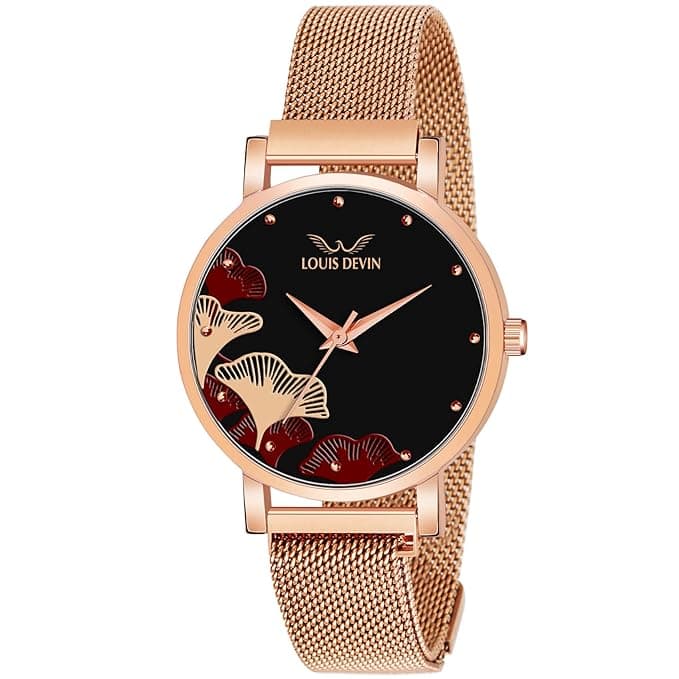 LOUIS DEVIN Rose Gold Plated Mesh Chain Analog Wrist Watch for Women (Black/Blue/Rose Gold Dial) | RG162