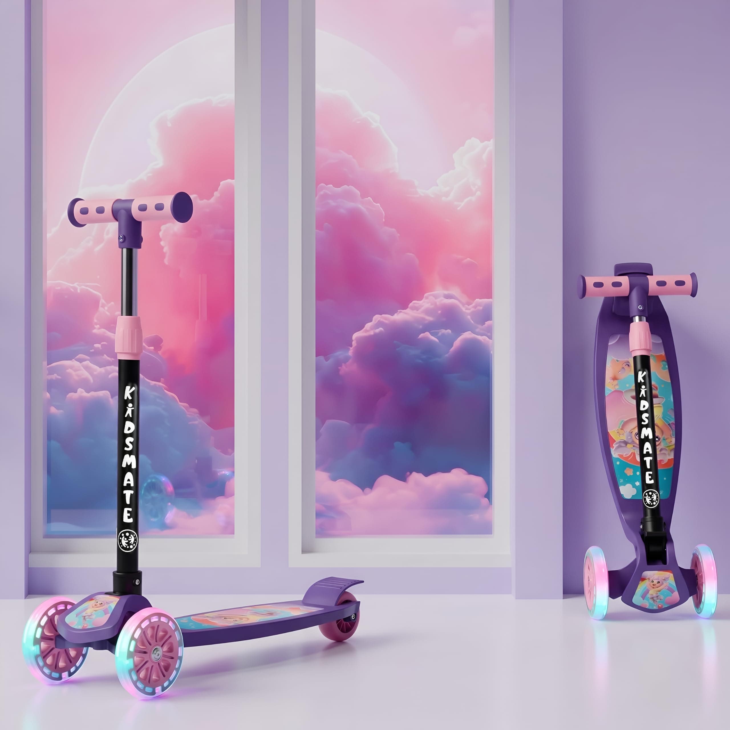 Kidsmate Flashwheel Kick Scooter for Kids with LED Wheels | 3-Wheel Skate Scooter for Boys & Girls of Ages 2-12 Years | 5-Level Adjustable Height, and Easy Fold Design Scooter for Kids (Pink Purple)