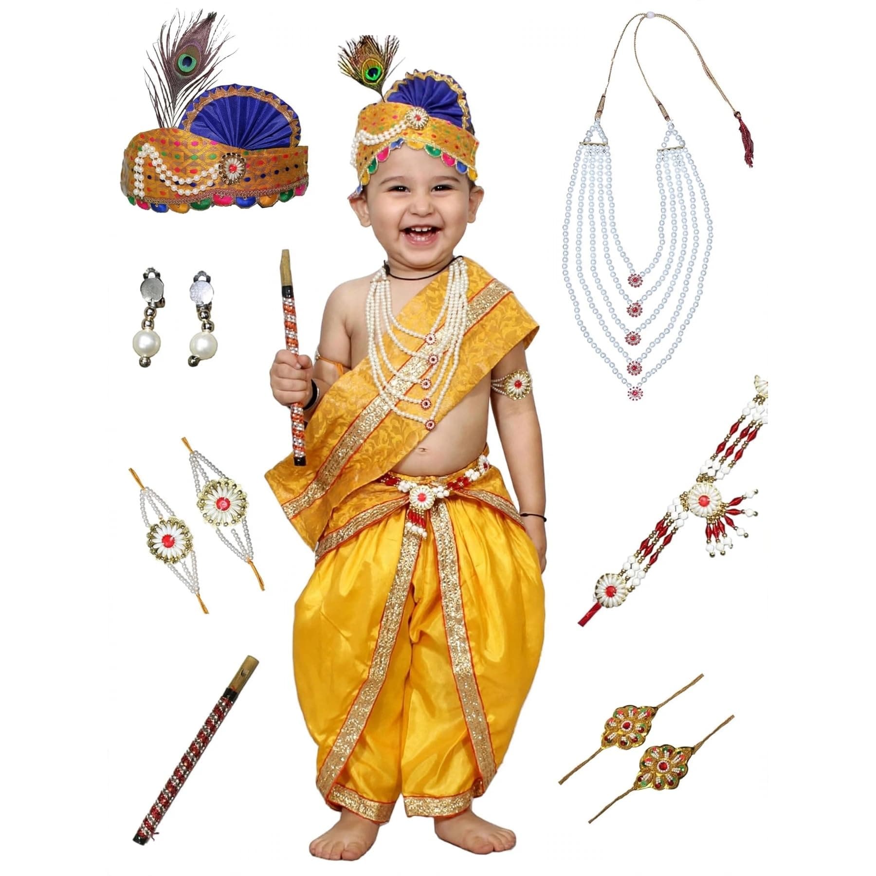 Kaku Fancy Dresses Krishna Costume for Kids Infant Baby Krishna Dress for Boys (Yellow Dhoti, Patka(Stole), Belt, Fabric Mukut, Layer Pearl Mala, Bajuband, Earrings, Bansuri & Morpankh)