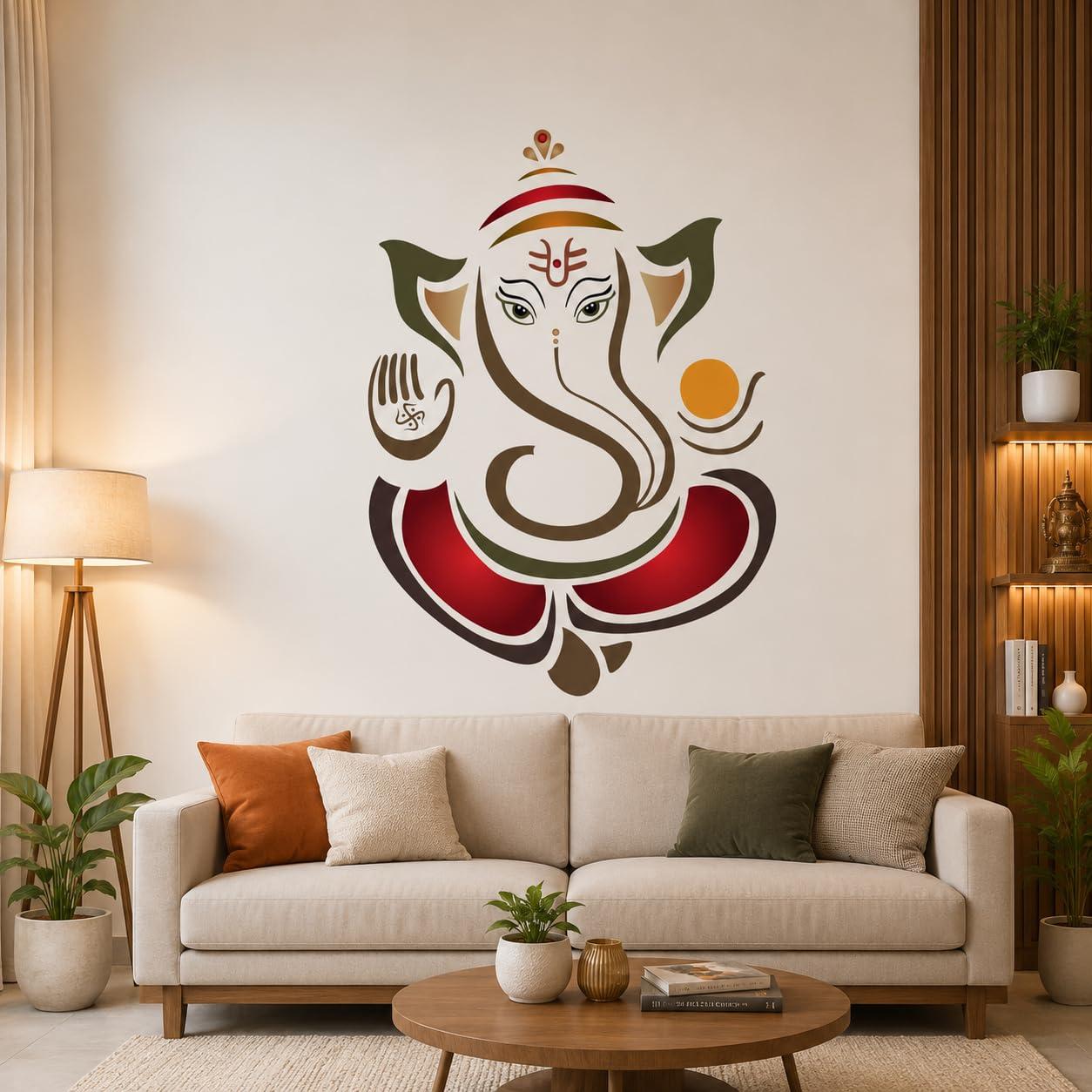 Lord Ganesh Wall Sticker Colourful | Ganpati Bappa Mural Art Vinyl Decal | Multi-Colour (50 x 70 cm) for Bedroom, Living Room, Pooja Room & Office Home Decor-Self-Adhesive