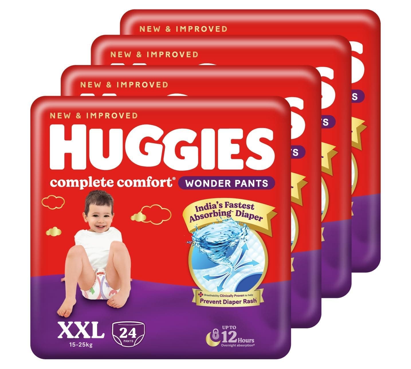 Huggies Complete Comfort Wonder Pants | Pant Style Baby Diapers Double Extra Large (XXL) Size, 96 Count | India's Fastest Absorbing Diaper, Prevents Diaper Rash, Ideal for 15 to 25 Kgs (24 Count, Po4)