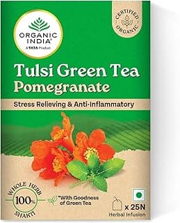 A TATA Product - Organic India Tulsi Green Tea Pomegranate - 25 Tea Bags, Certified Organic, Stress Relief, Rich in Antioxidant, Tulsi & Pomegranate Infusion